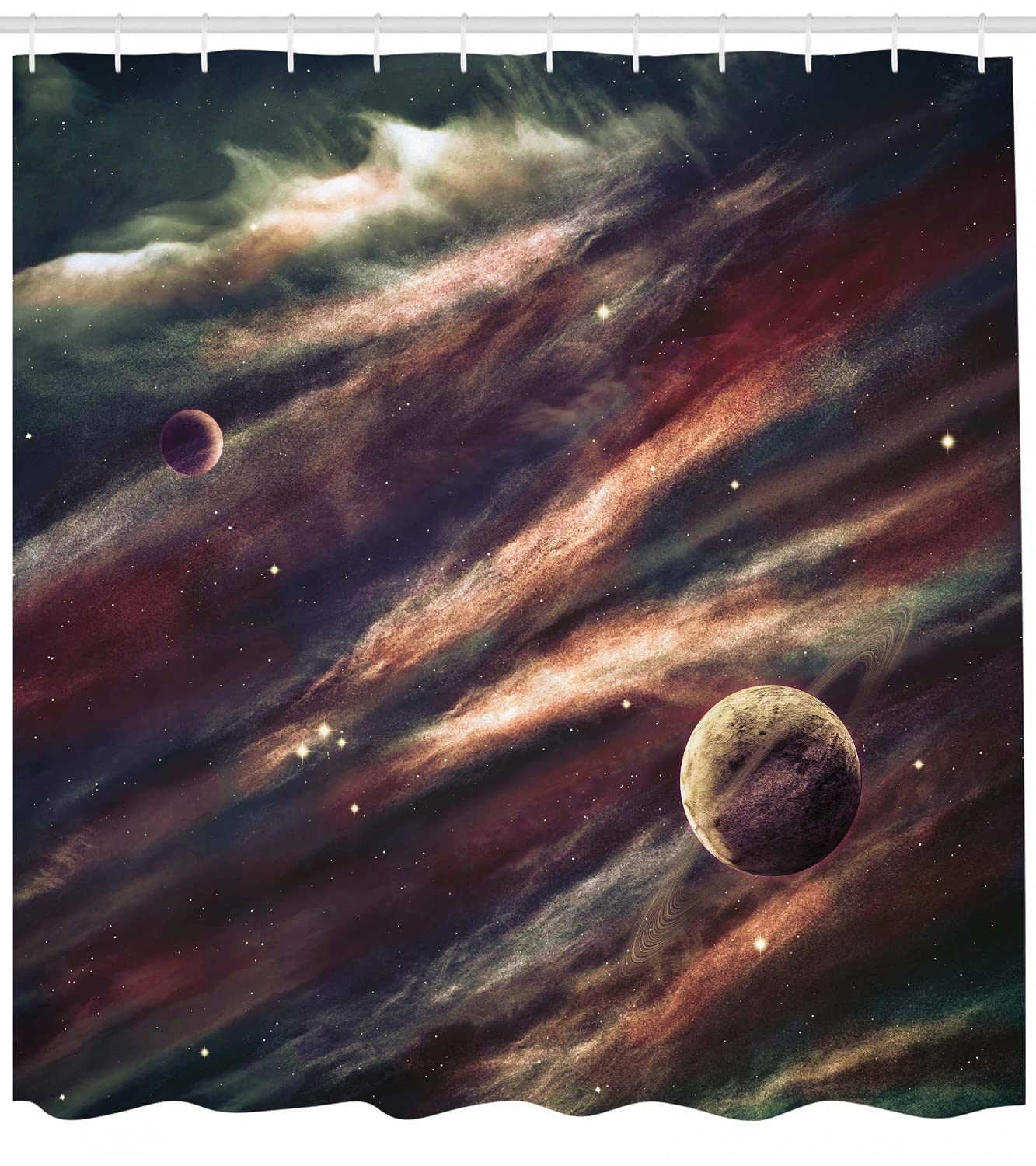 Outer Space Shower Curtain, Planets Over Nebula Gas Cloud Space axy Star Illustration, Cloth Fabric Bathroom Decor Set with Hooks, 69" W x 84" L, Rose Ivory