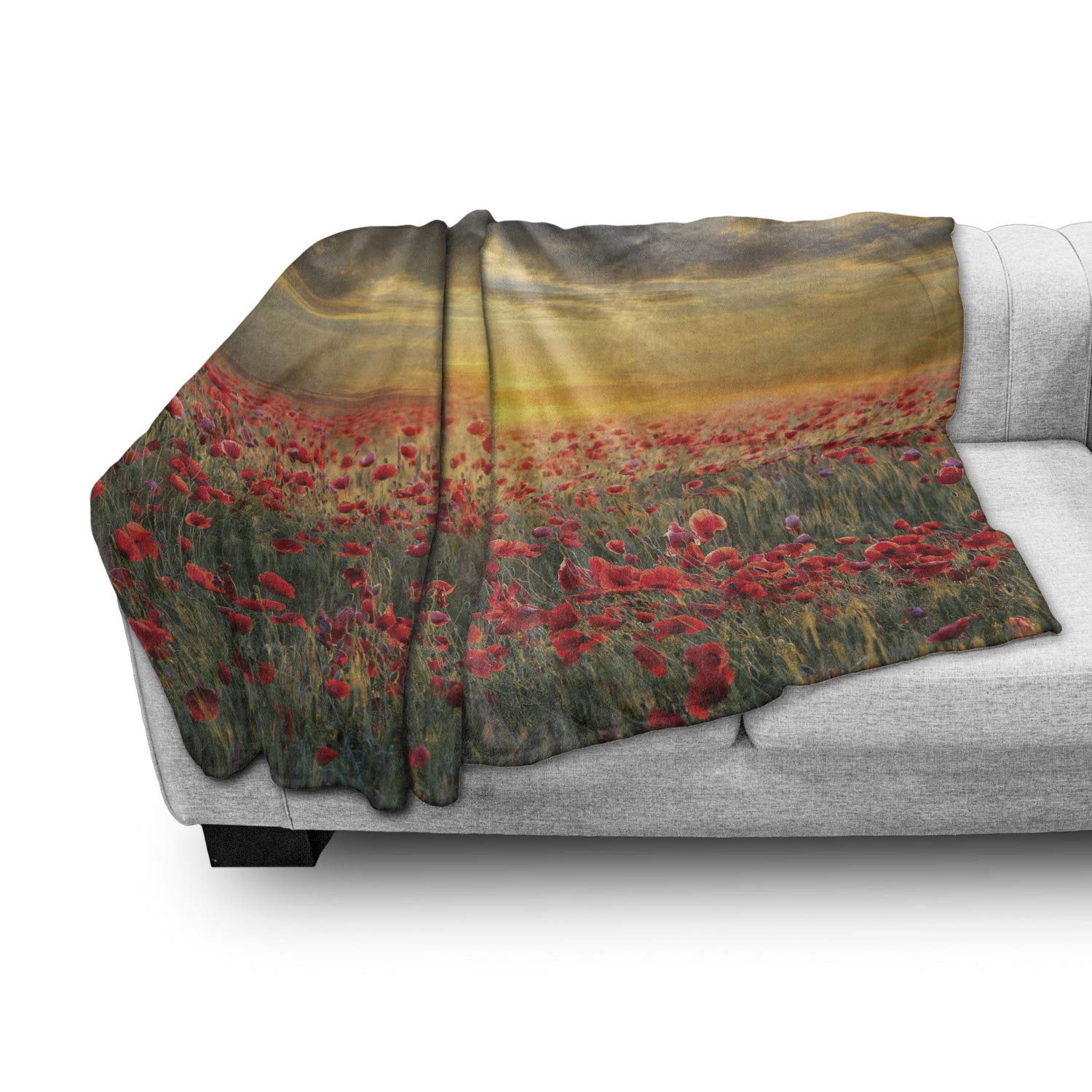 Flower Throw Blanket, Poppy Field Sunset Sky Evening View Golden Yellow Sun Rays Dark Clouds Graphic Art, Flannel Fleece Accent Piece Soft Couch Cover for Adults, 50" x 60", Vermilion