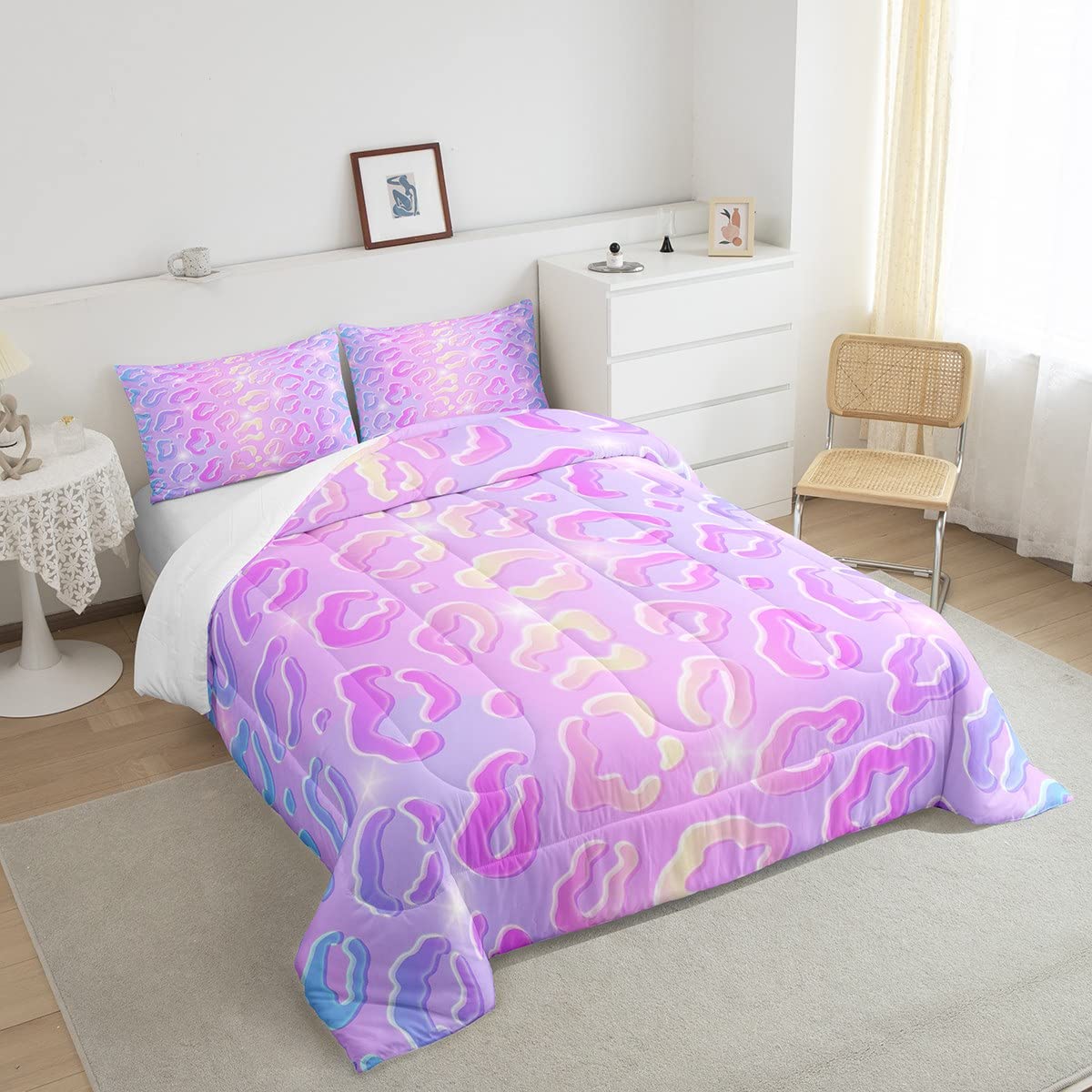 Neon Leopard Comforter Cheetah Print Bedding King G s Bedding Sets s Safari Animal Down Comforter 3 Piece Pink Purple Quilt Set with 2 Pillow Case for Girls