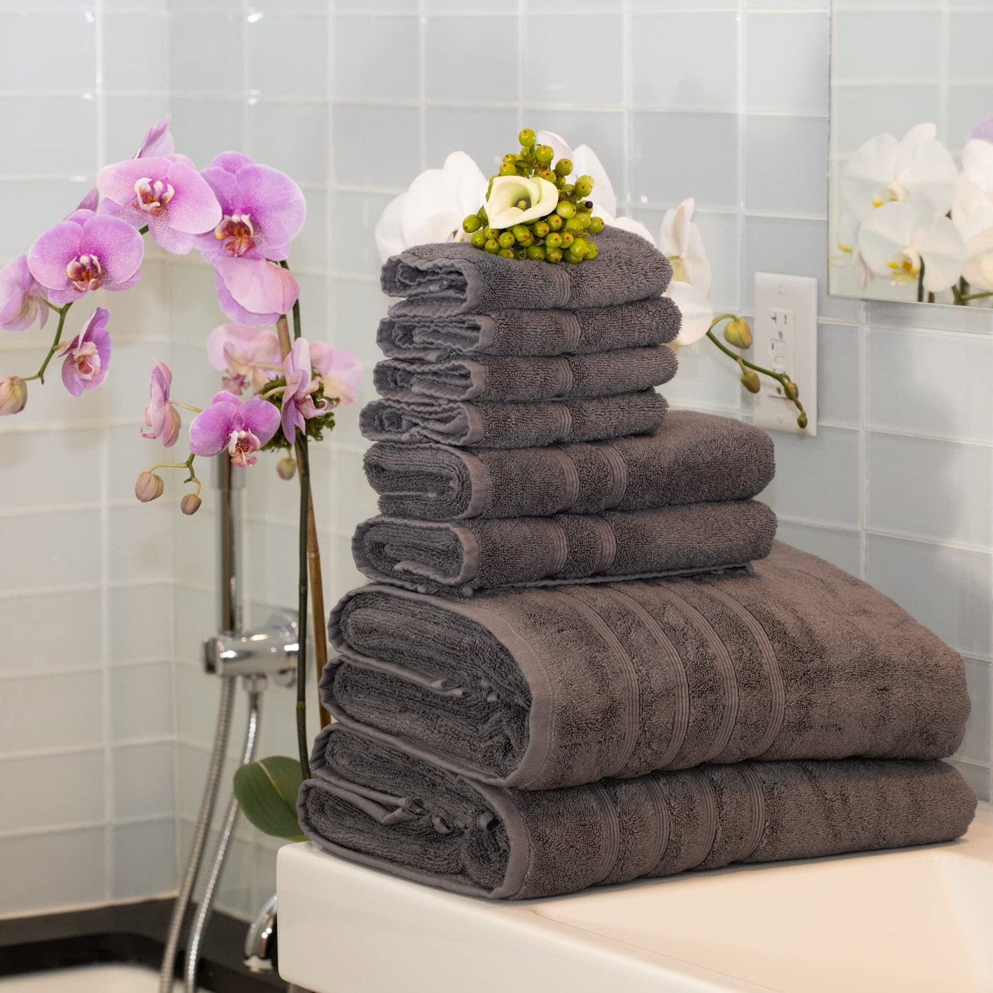 700 GSM Bamboo 8pc Extra Large Bathroom Set, Charcoal Grey, 2 Bath Towels Sheets 35X70 2 Hand Towels 16X30 4 Face Washcloths 13X13, Turkish Towel Sets, Quick Dry, Dark Gray