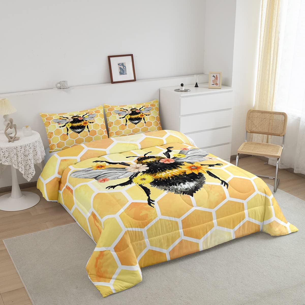 Bee Duvet Insert Twin Size,Cute Bee with Flower Bedding Set 2Pcs for Kids Boys Girls,Geometric Honeycomb Hexagon Print Comforter Set,Insect Animal Theme Quilted Comforter
