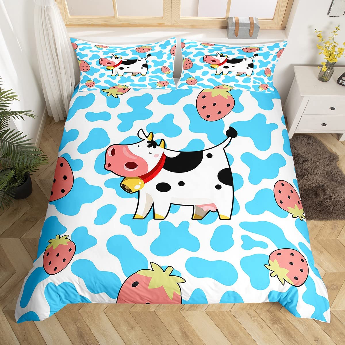 Cow Print Duvet Cover,Cartoon Milk Cow Bedding Sets for Boys Girls Teens Child,Pink Str berry Decor Comforter Cover for Kids Bedroom,Cute Fruit Bed Sets,Farm Animal Quilt Cover,Twin Blue