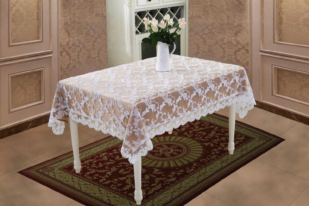 Royal Bridal Damask Pattern Polyester Embroidered Lace Tablecloths, 70" X 140", Cream
