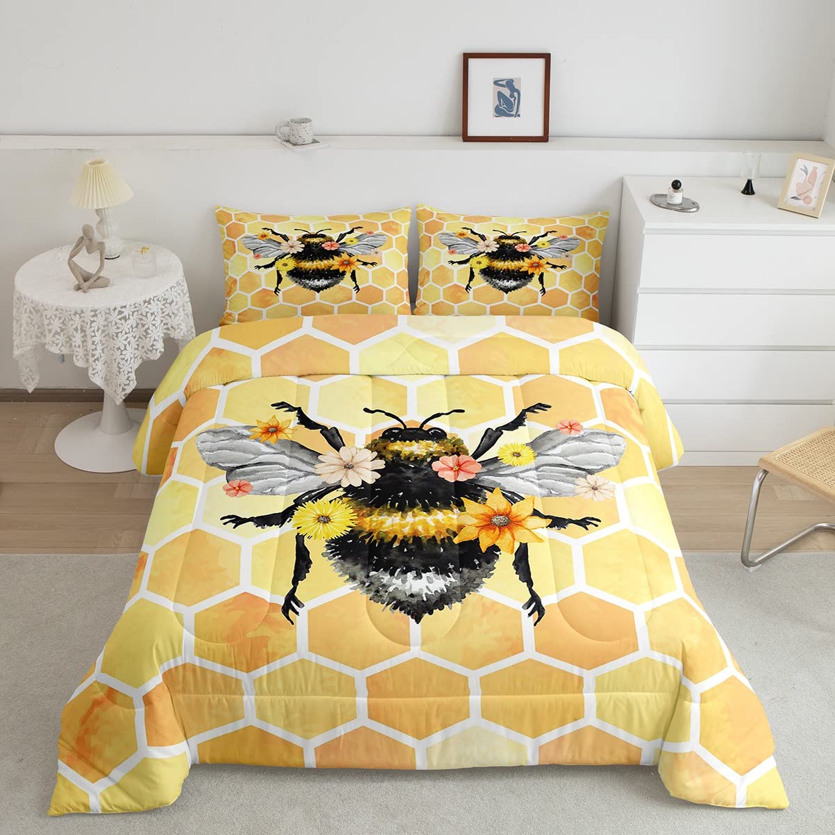 Bee Duvet Insert Twin Size,Cute Bee with Flower Bedding Set 2Pcs for Kids Boys Girls,Geometric Honeycomb Hexagon Print Comforter Set,Insect Animal Theme Quilted Comforter