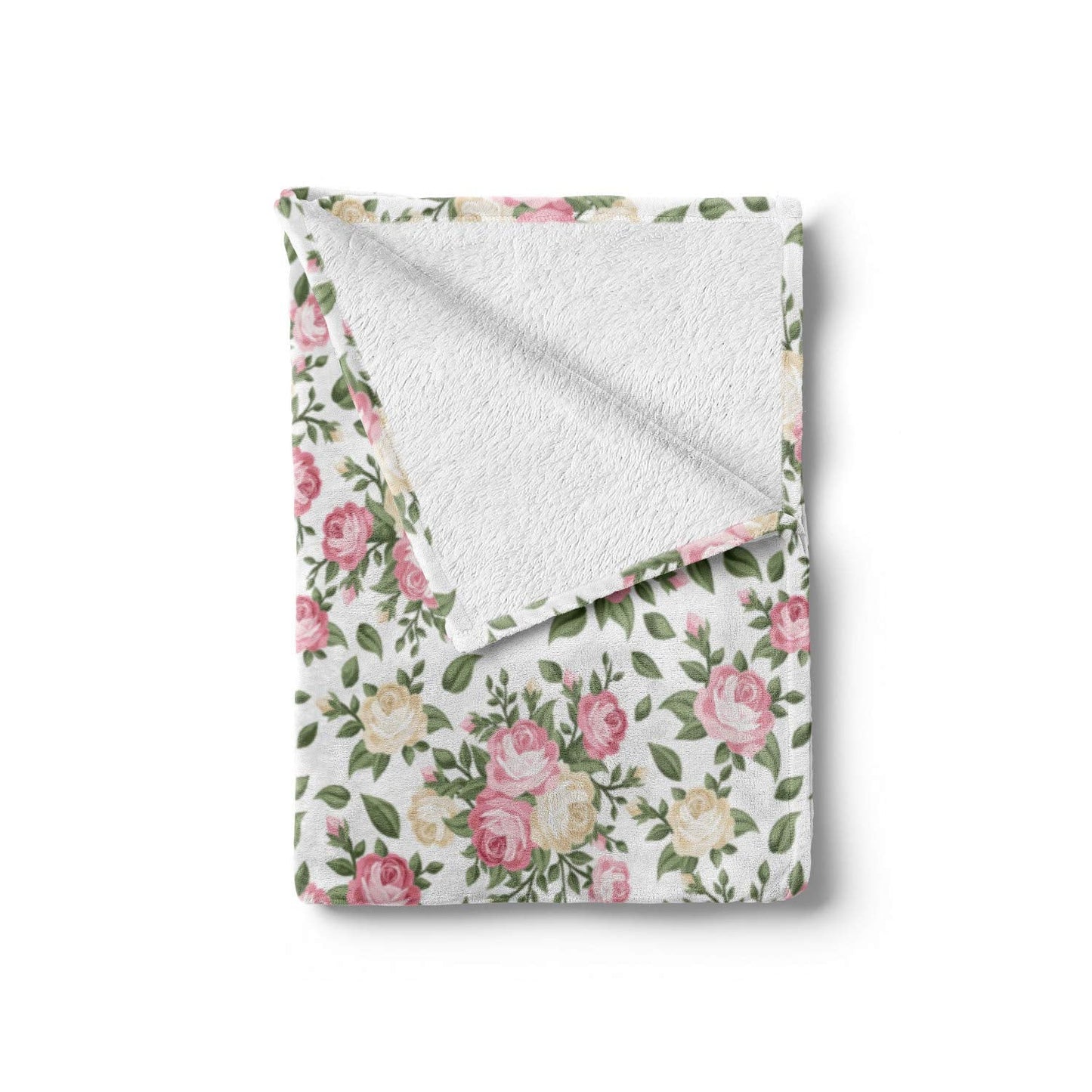 Flower Throw Blanket, Roses Rosebuds Leaves Bouquet Flower Arrangements Bridal Victorian Style, Flannel Fleece Accent Piece Soft Couch Cover for Adults, 50" x 60", White Pink