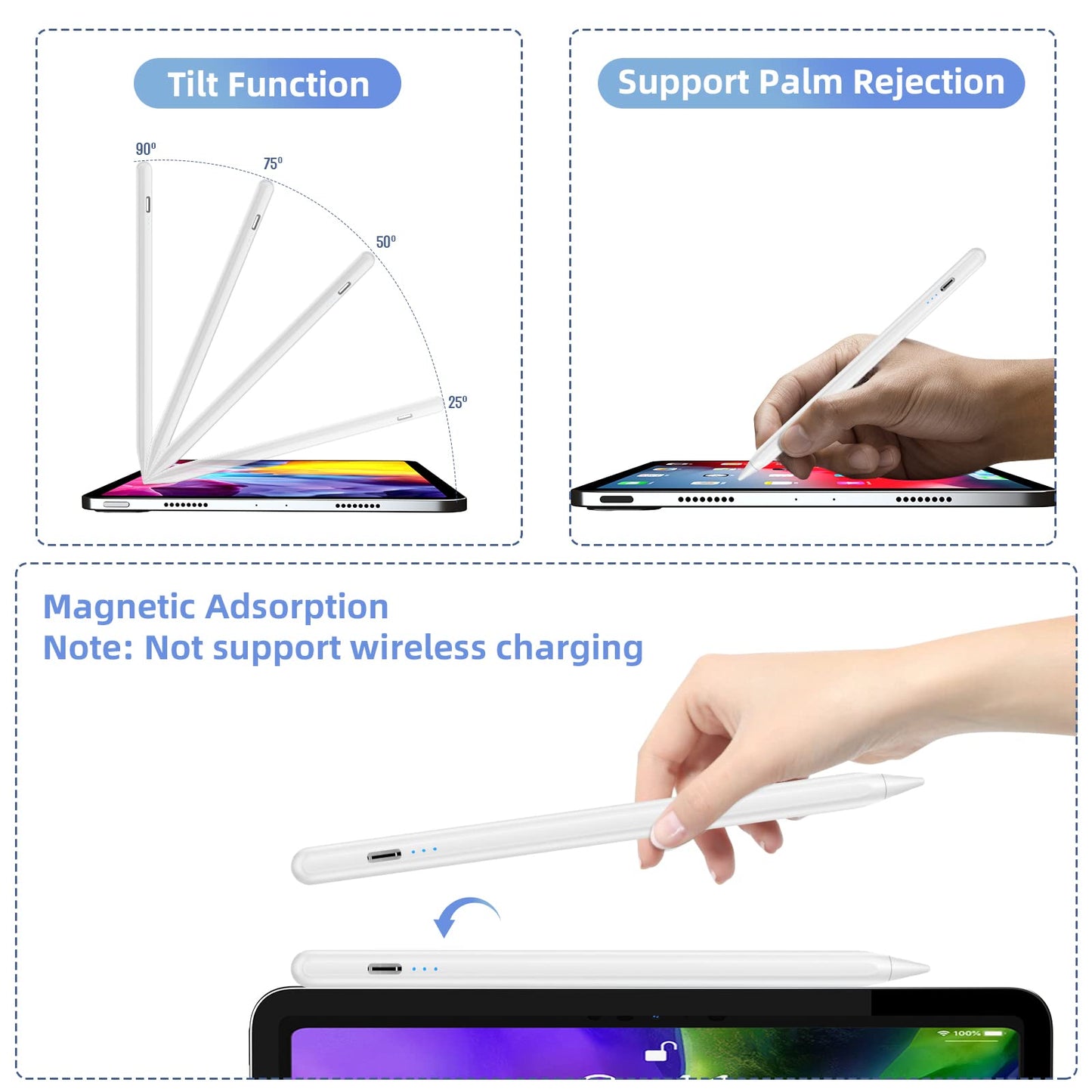 Stylus Pen for iPad with Palm Rejection,3 Power Indicator Lights,Tilt Sensitive iPad Pencil Compatible (2018-2022)Apple iPad 9th/8th/7th/6th,iPad Pro 11/12.9 in,iPad Air 5th/4th/3rd,iPad Mini 6/5 Gen