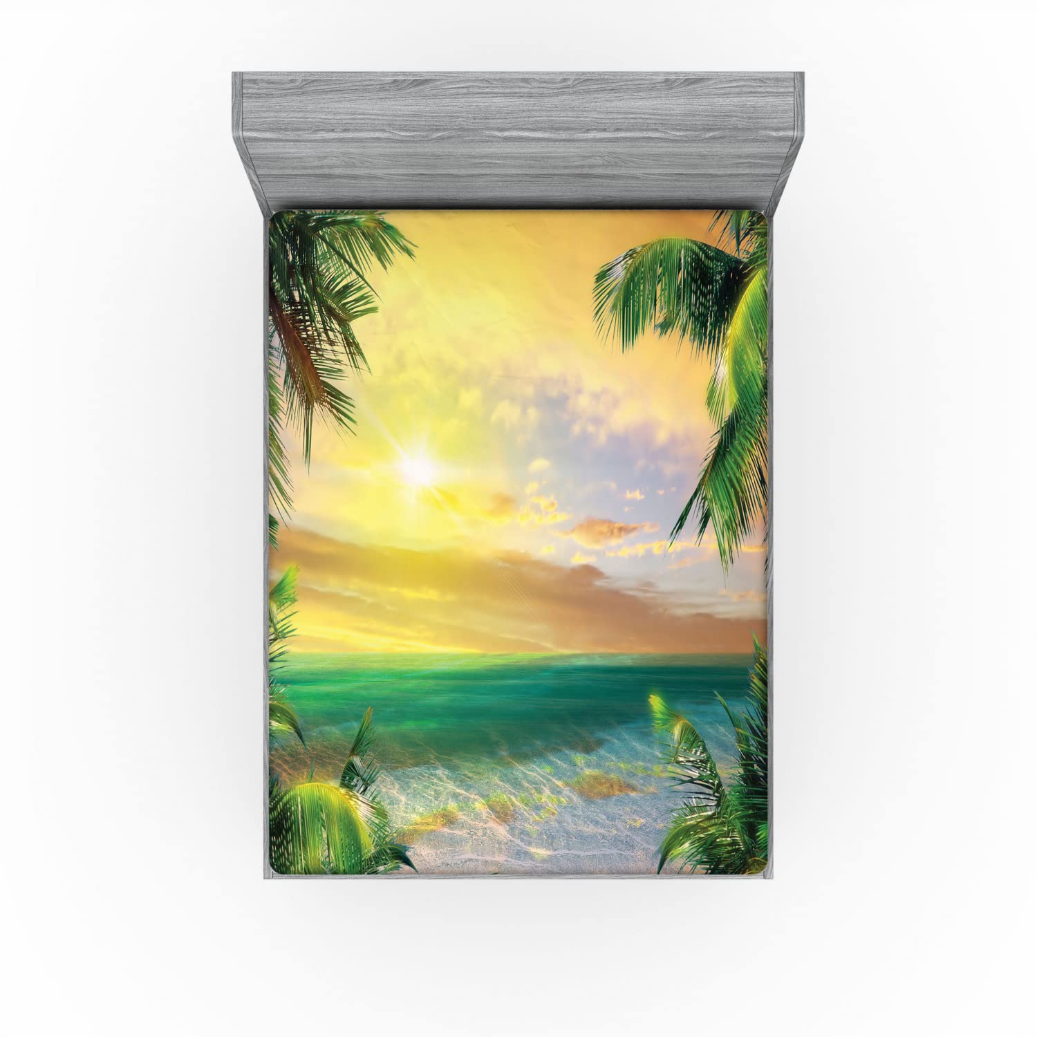Mystic Fitted Sheet, Baldwin Beach with s and Clouds Palm Trees Natural Coastal Picture, Soft Decorative Fabric Bedding All-Round Elastic Pocket, Full Size, Yellow Green