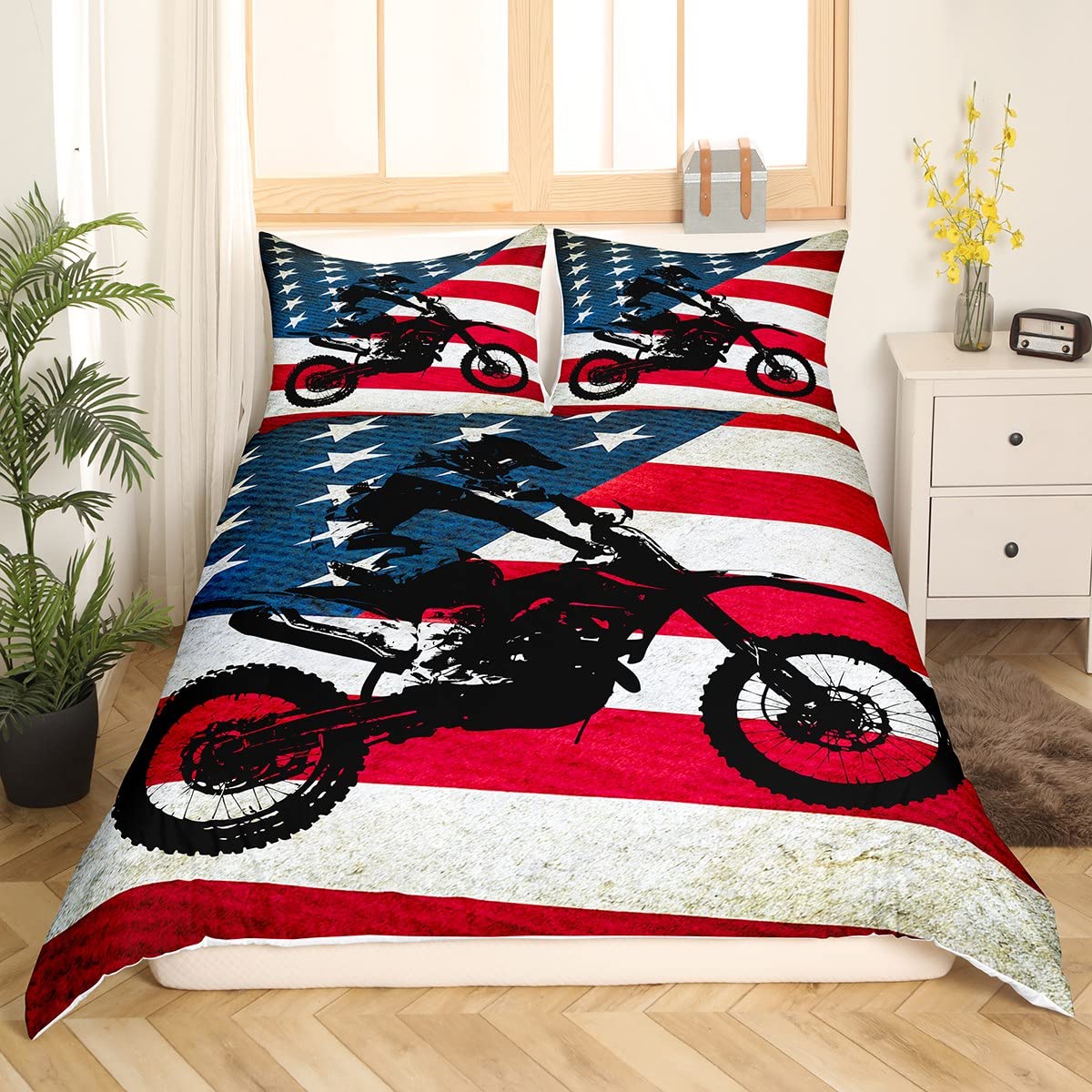 USA Flag Comforter Cover,Motocross Rider Dirt Bike Duvet Cover Twin,Red White Stripe Blue Black Stars Bedding Set for Kids Teenagers Boys Men with 1 Pillow Case,Cozy Friendly Soft