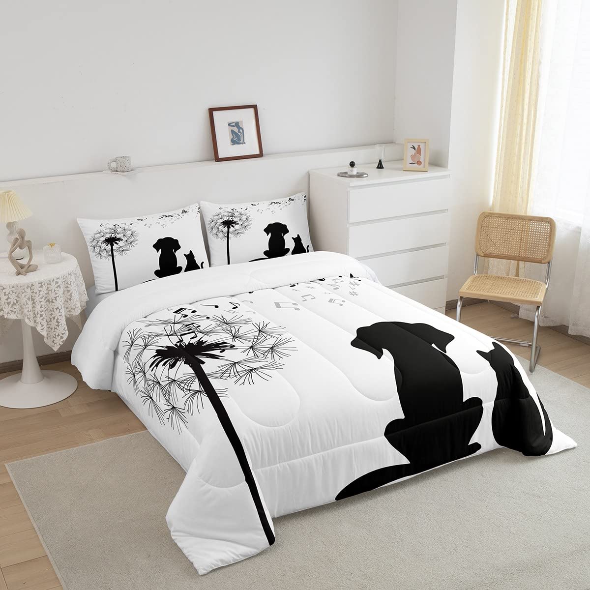 Dandelion Bedding Set,Cute Cat Dog Silhouette Comforter Set for Kids Boys Girls Child Bedroom,Music Note Duvet Insert,2 Pieces Decorative Kitten Puppy Quilted Comforter Twin