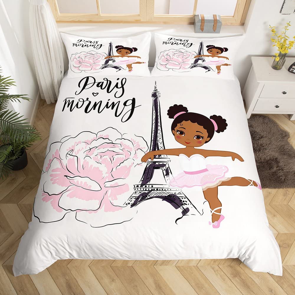 Girls Eiffel Tower Bedding Set,Chic Paris Duvet Cover Set,Cute Black Ballet Girl Comforter Cover for Women Kids Girls Teens,Pink Rose Flower Bedroom Decor Modern French Style Bed Sets Twin