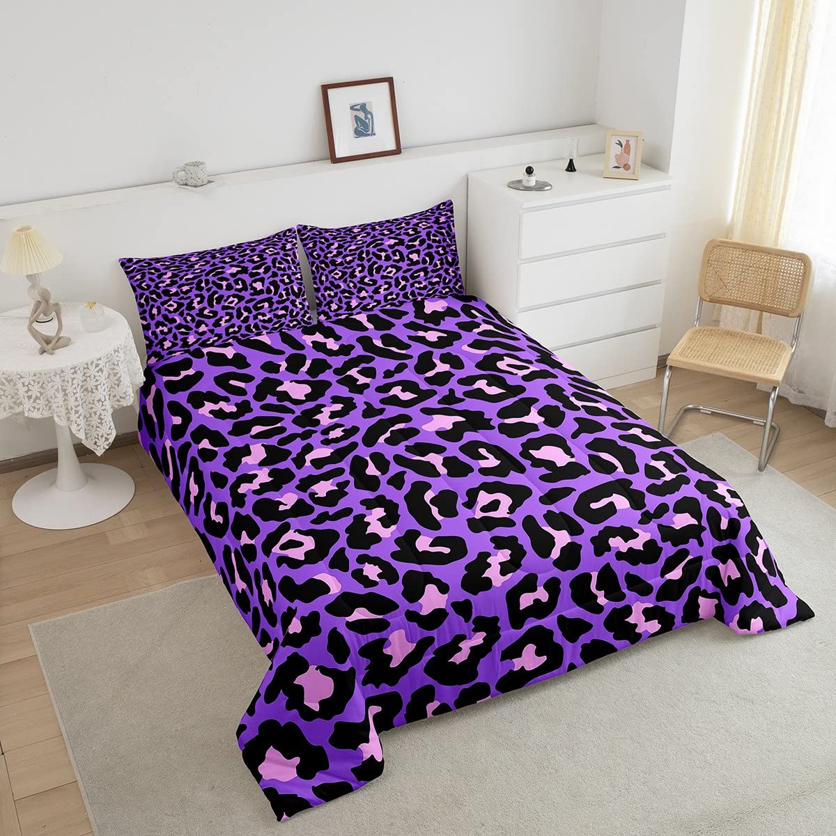 Cheetah Print Bedding Set Twin Purple Leopard Bedding Comforter Sets Pink Wildlife Duvet Insert Abstract Art Quilted Comforter 2 Piece with 1 Pillow Sham Soft,Animal Themed Home Decor