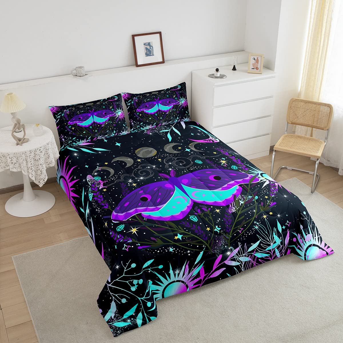 Purple Blue Moth Bedding Set for Boys Girls Teens,Sun and Moon Comforter Set Bohemian Exotic Style Decor Giltter axy Quilt Comforter Gradient Butterfly Botanical Flower Quilt Duvet,Twin