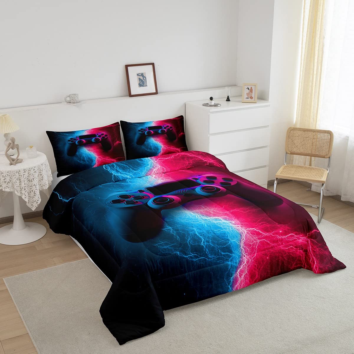 Gamer Comforter Set Twin Size Video Games Decor Gamepad Down Comforter, for Boys Teens Adult Women Player Gaming Soft Quilt Game Console Blue Purple Lightning Quilted Duvet Sci-Fi Style Duvet Insert
