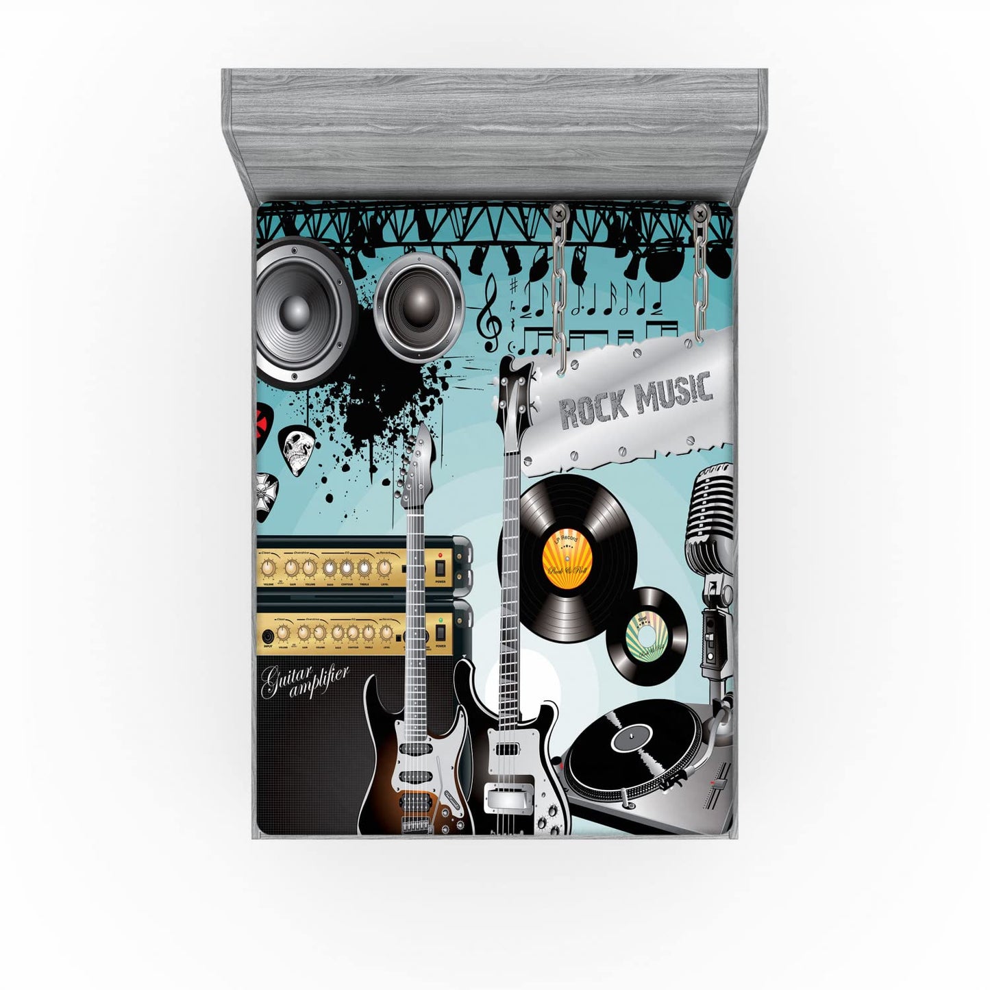 Rock Music Fitted Sheet, Concert Pattern Guitars and Records with Giant Speakers Ornamental Arrangement, Bed Cover with All-Round Elastic Deep Pocket for Comfort, King Size, Grey