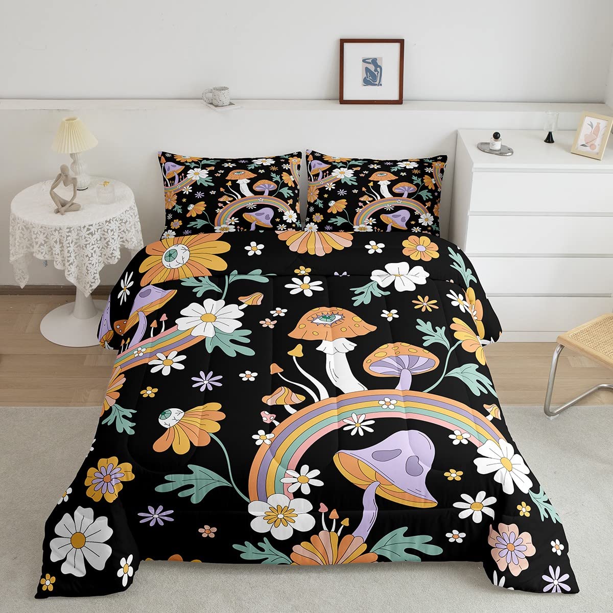 Trippy Mushroom Twin Comforter Groovy Floral Bedding Sets s Cute Rainbow Bedding Two Groovy Party Boho Hippie Mushroom Down Comforter Retro Party Decorations Duvet Set
