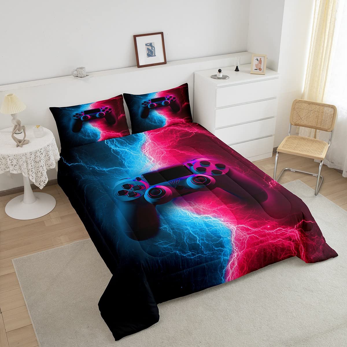 Gamer Comforter Set Twin Size Video Games Decor Gamepad Down Comforter, for Boys Teens Adult Women Player Gaming Soft Quilt Game Console Blue Purple Lightning Quilted Duvet Sci-Fi Style Duvet Insert