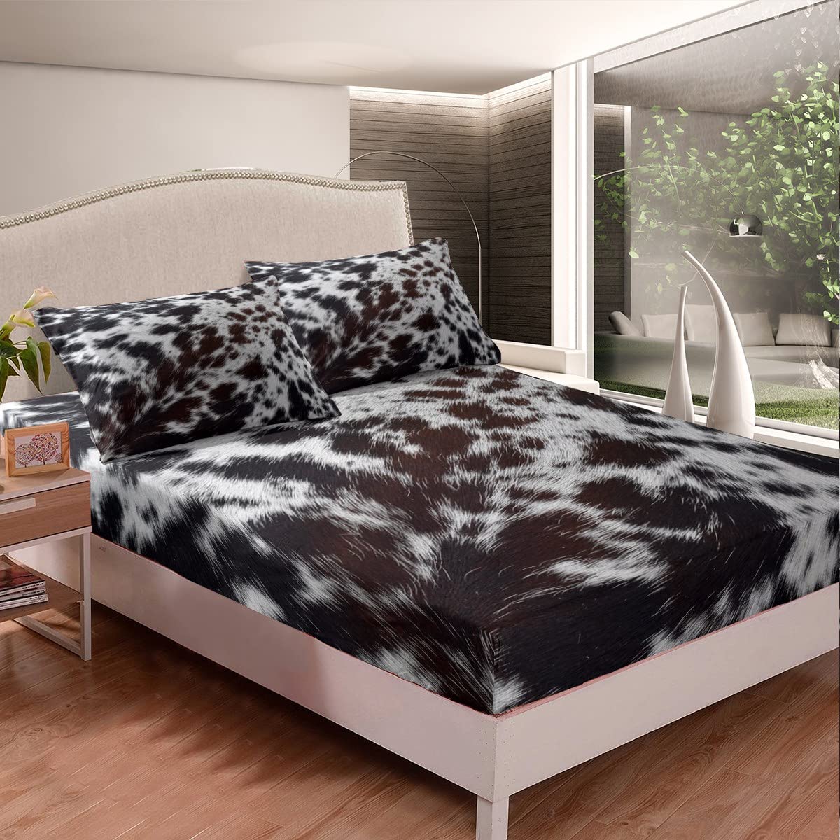 Brown Cowhide Bedding,Aztec Black White Aztec Cow Print Bed Sheet Set Full,Western Farm Animal Bed Sheets for Kids Boys Girls Men Women,Rustic Cowboy Cow Fur Fitted Sheet Flat Sheet 4 Pcs