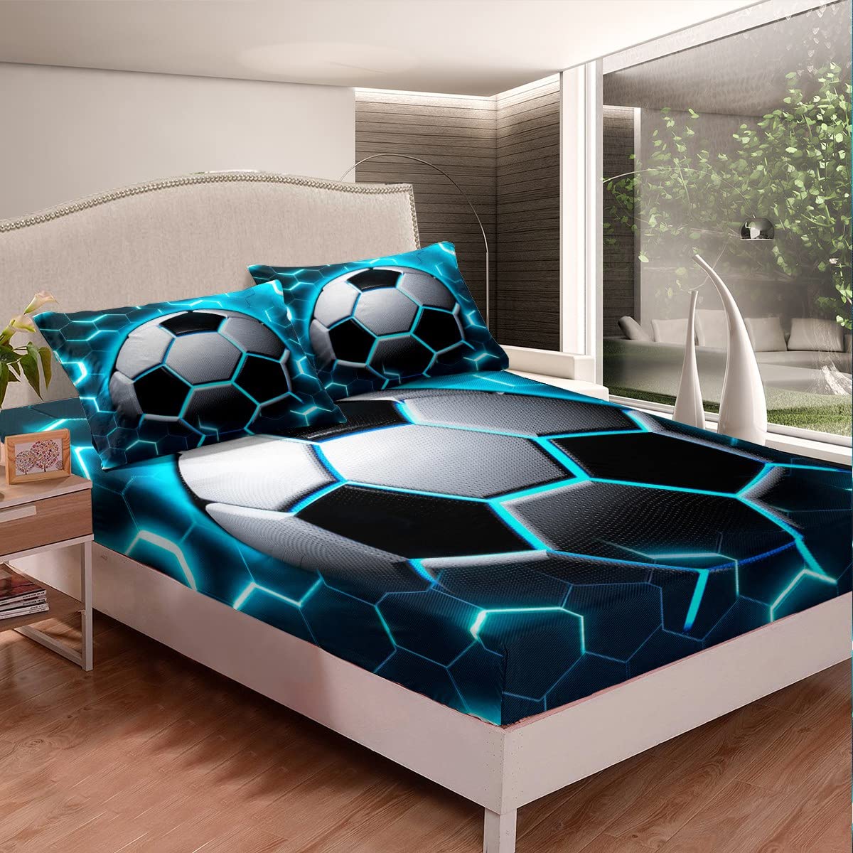 Boys Football Fitted Sheet Queen Size Soccer Bed Sheets,Blue Glowing Honeycomb Bedding Set Modern Neon Light Bed Cover,Geometric Buffalo Check Sheet for Kids Teens 3 Piece Soft
