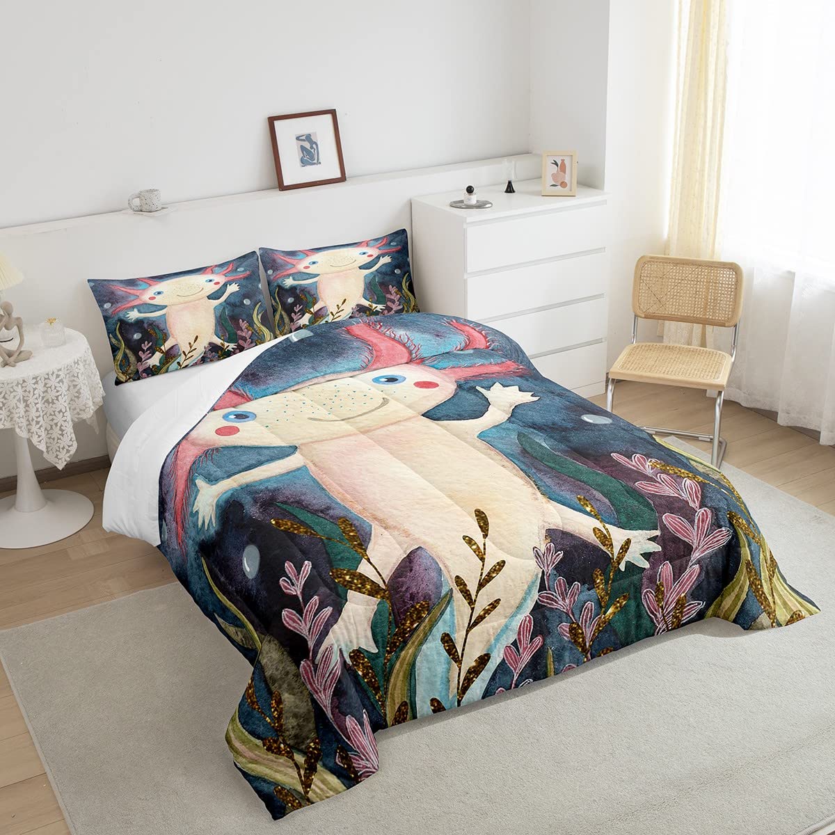 Cute Axolotl Comforter Set Twin Kids Cartoon Salamanda Bedding Comforters Sets 2pcs Boys Girls Sealife Animal Duvet,Marine Ocean Theme Comforter Coastal Botanical Plant Bedroom Decor