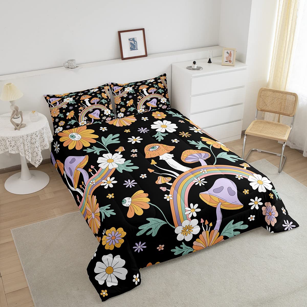 Trippy Mushroom Twin Comforter Groovy Floral Bedding Sets s Cute Rainbow Bedding Two Groovy Party Boho Hippie Mushroom Down Comforter Retro Party Decorations Duvet Set