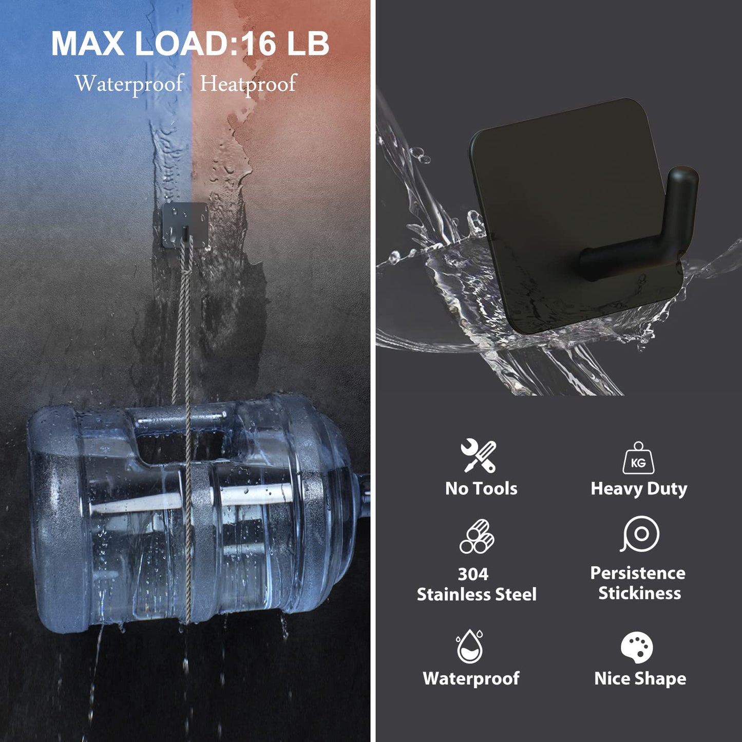 Adhesive Hooks, Black Adhesive Wall Hooks Heavy Duty Waterproof Stainless Steel Self Adhesive Hooks Kitchen Bathroom Shower Sticky Wall Hooks for Towel Loofah Sponge Utensils - 4 Pcs