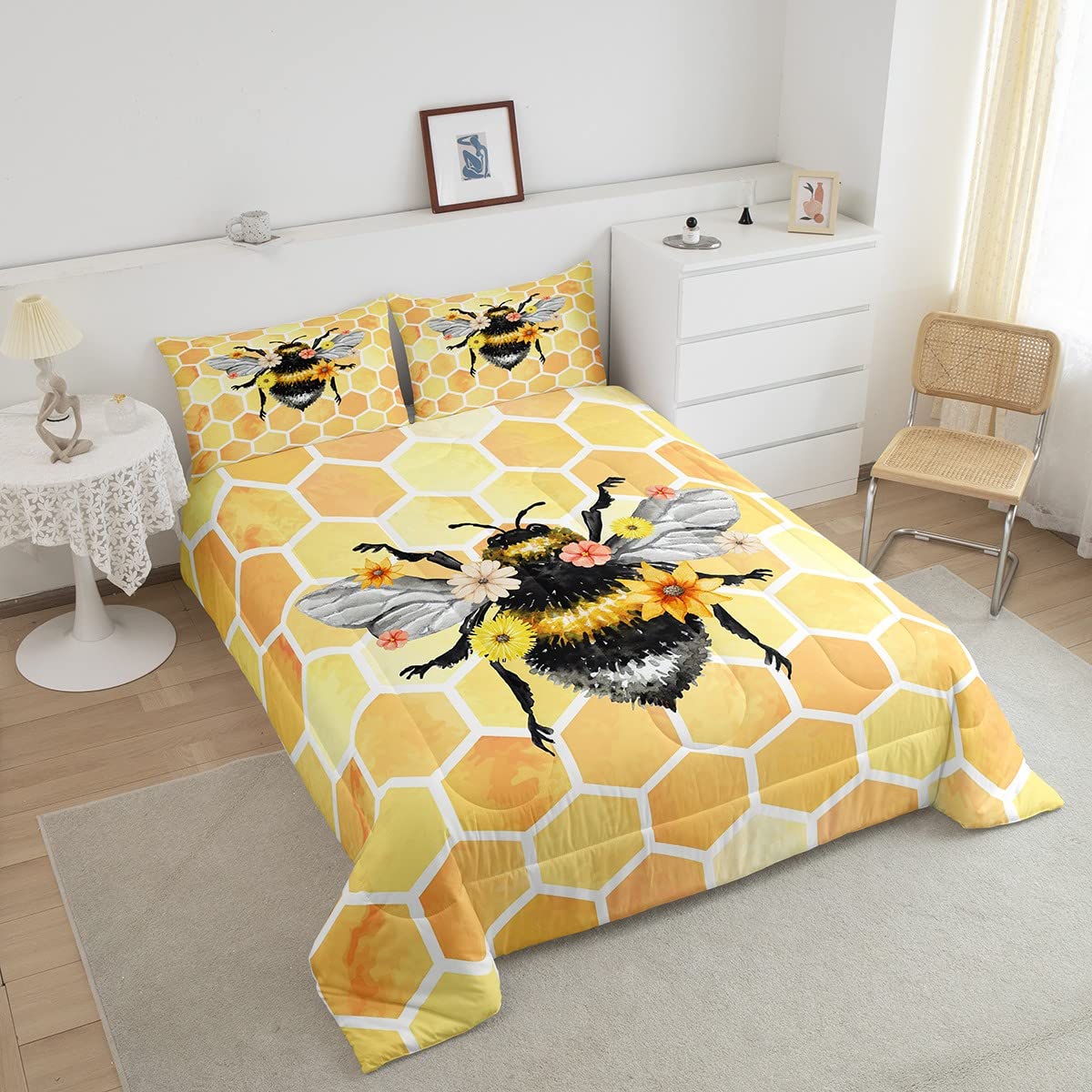 Bee Duvet Insert Twin Size,Cute Bee with Flower Bedding Set 2Pcs for Kids Boys Girls,Geometric Honeycomb Hexagon Print Comforter Set,Insect Animal Theme Quilted Comforter