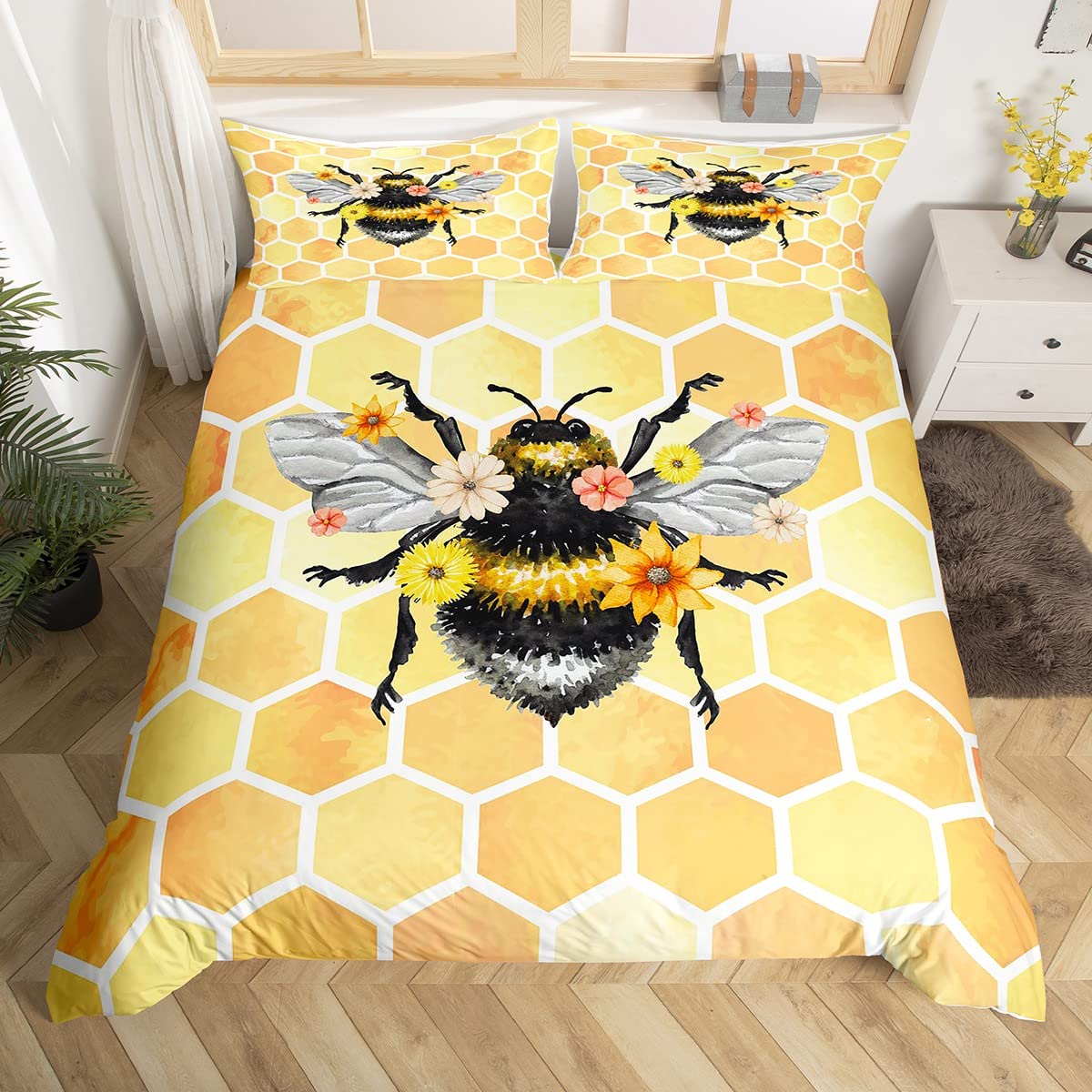 Bee Duvet Cover Set,Honeybee K aii Bedding Set,Cute Wild Animal Comforter Cover For Teens Boys,Flowers Floral Quilt Cover Queen Size,Geometric Honeycomb Hexagon Gifts Bee Home Decor Bedspread Cover