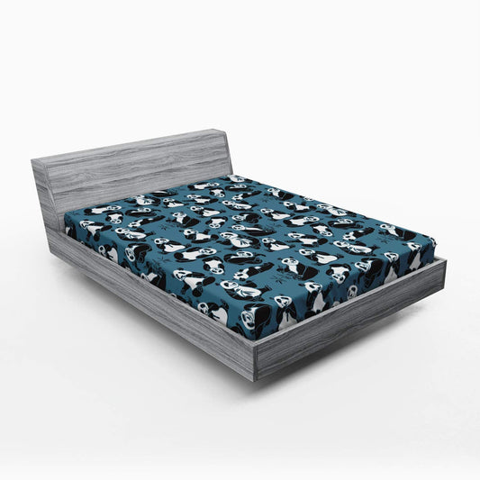 Panda Fitted Sheet, Chinese Wildlife Bamboo Stalks and Leaves with Bears on Abstract Backdrop, Soft Decorative Fabric Bedding All-Round Elastic Pocket, Full Size, Petrol Blue
