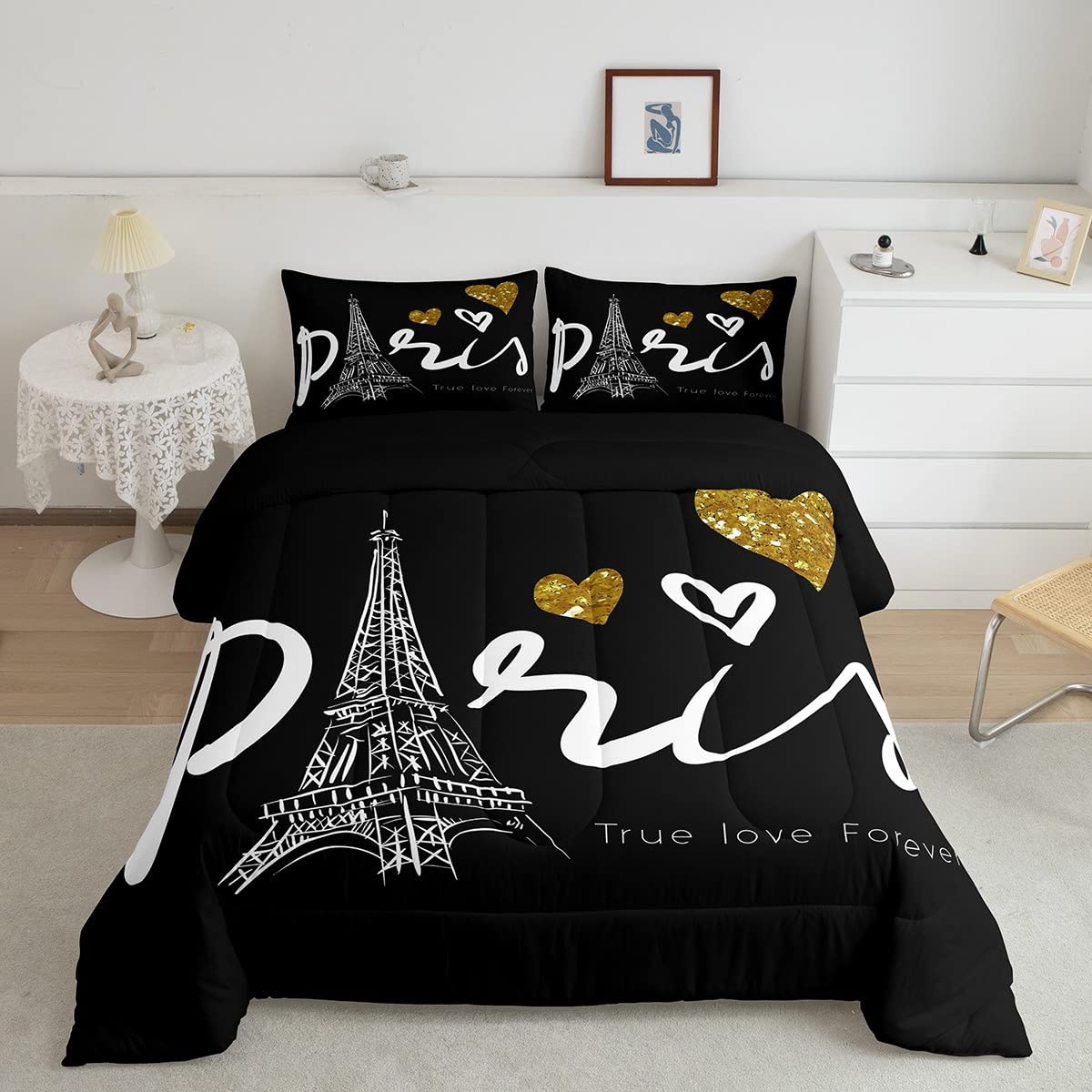 Eiffel Tower Bedding Set French Paris Comforter King Romantic Themed Bedding Sets s Black and White Quilt Set Love Heart Decoratives 3 Piece Bed Set with 2 Pillow Sham, Soft