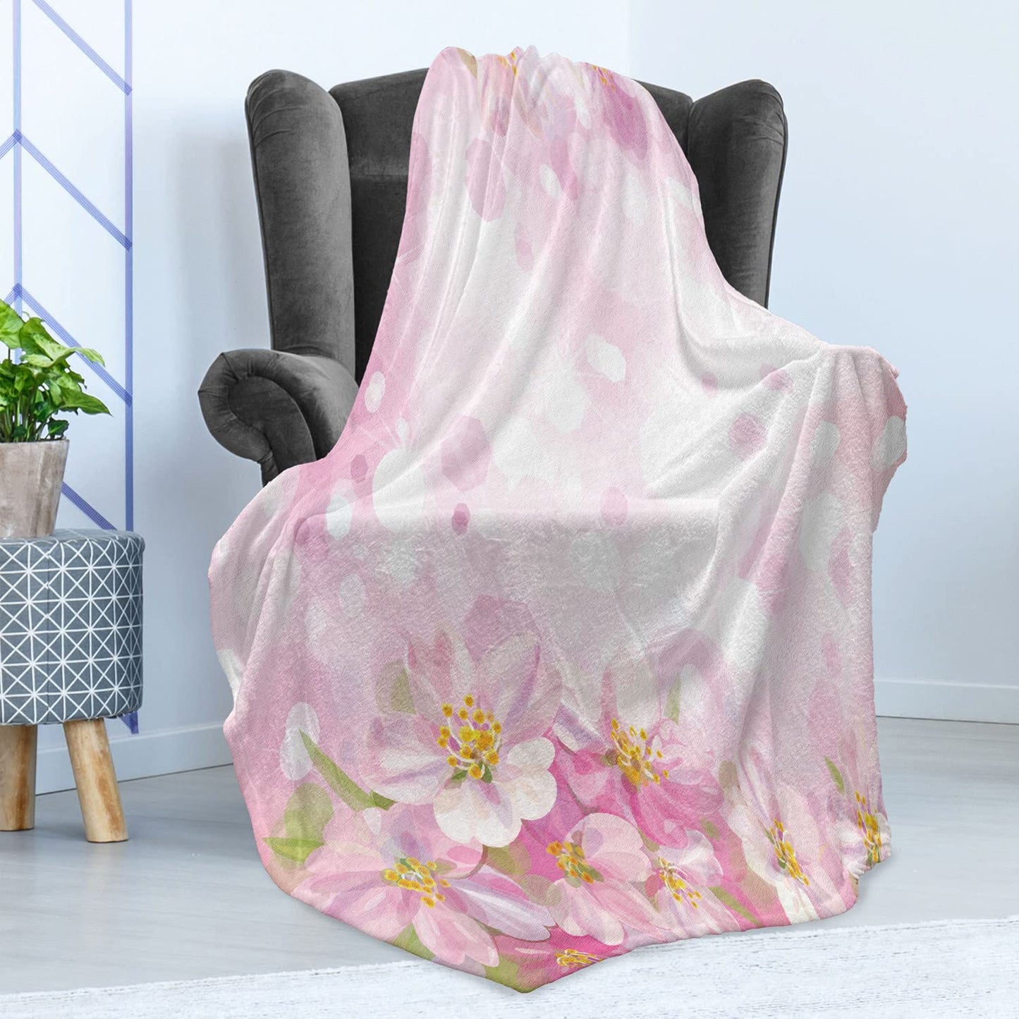 Rose Throw Blanket, Blossoming Spring Flowering Cherry Sakura April Tree Freshness Tenderness, Flannel Fleece Accent Piece Soft Couch Cover for Adults, 50" x 70", Yellow Green