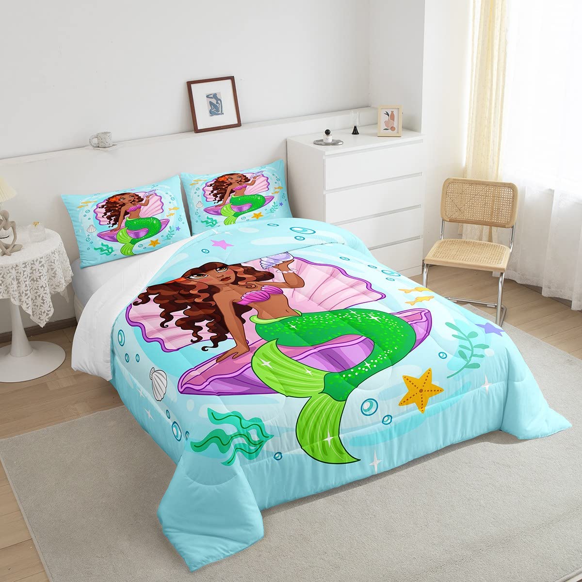 Black Mermaid Bedding Twin Black Girl Comforter Ocean Theme Quilt Seashell Conch Starfish Duvet Green Mermaid Scale Bed Set Sea life Decor for Kids Girls Toddler Bedroom 2 Piece Blue