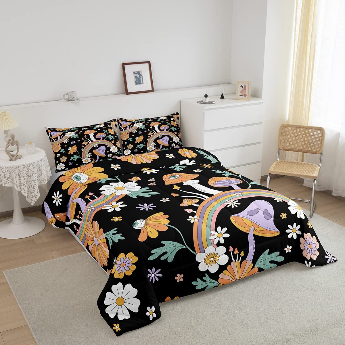 Trippy Mushroom Twin Comforter Groovy Floral Bedding Sets s Cute Rainbow Bedding Two Groovy Party Boho Hippie Mushroom Down Comforter Retro Party Decorations Duvet Set