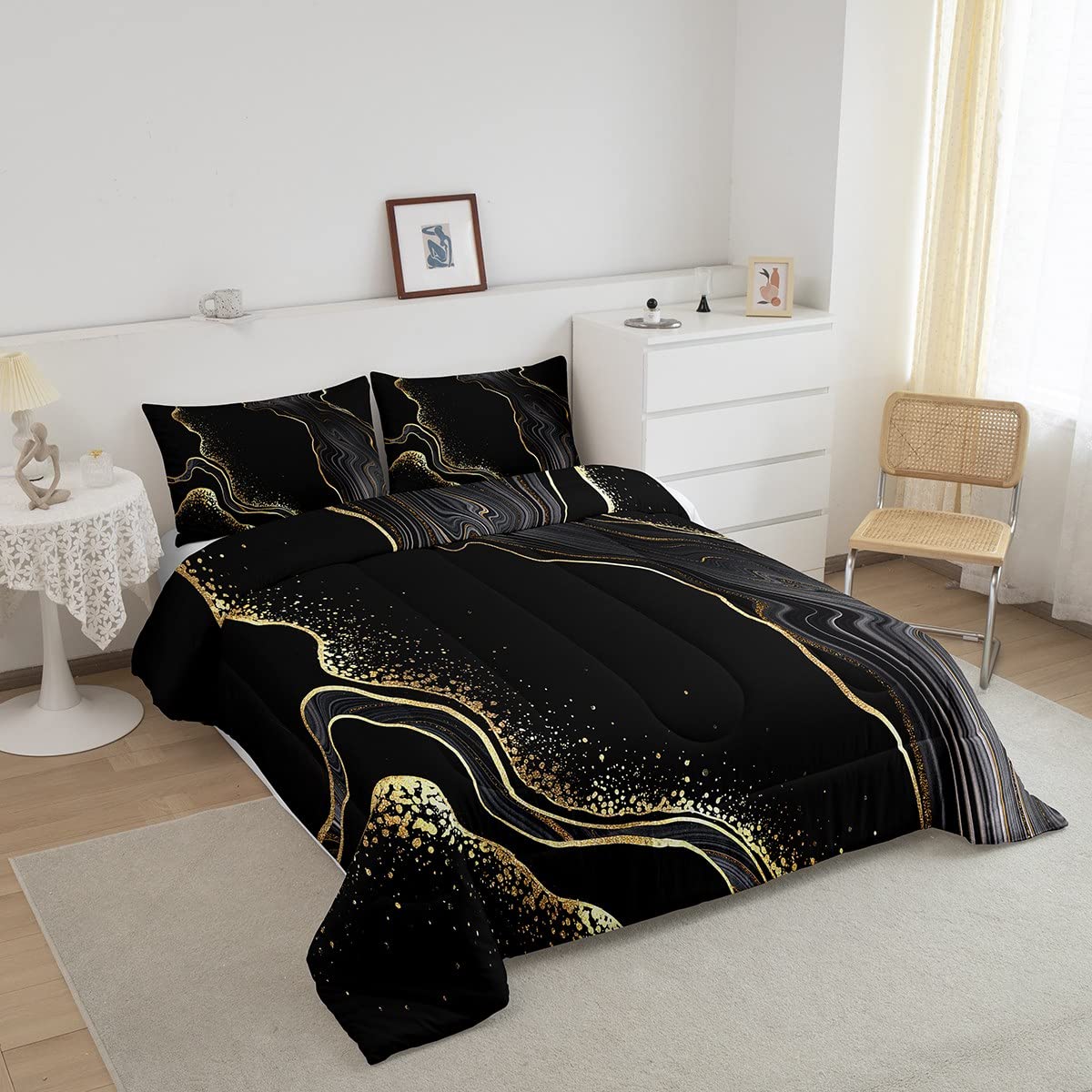 Black Gold Marble Comforter Set Twin,Glitter Marble Bedding Set,White Gold Lines Abstract Marble Texture Duvet Insert,3Pcs Soft Quilted Comforter with 1 Pillow Sham