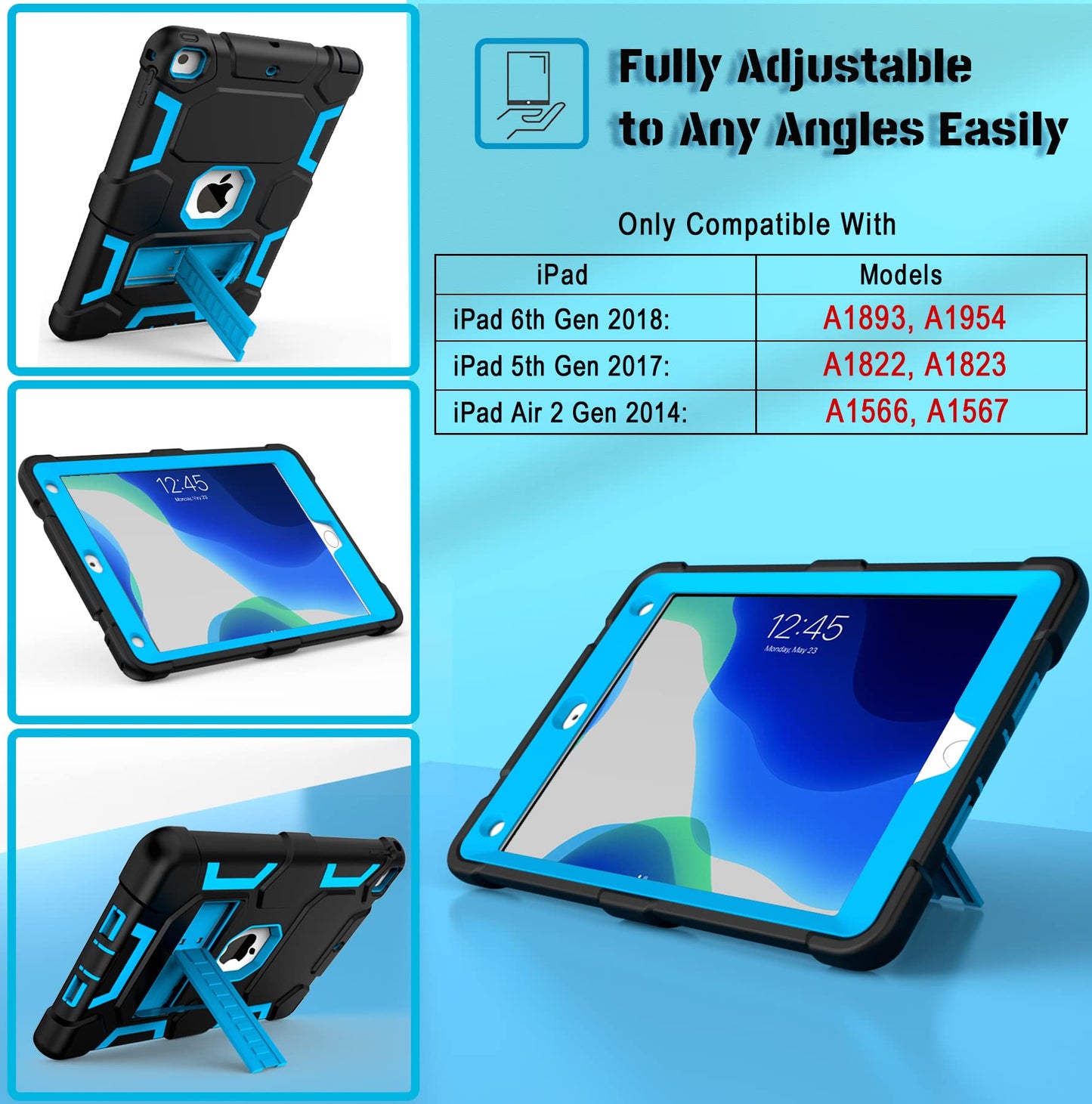 Case for iPad 6th Generation/iPad 5th Generation (9.7-inch, 2018/2017 Model), iPad Air 2 Case, iPad 9.7 Case with Kickstand, Hybrid Shockproof Protective Case for Kids Boys, Black+Sky Blue