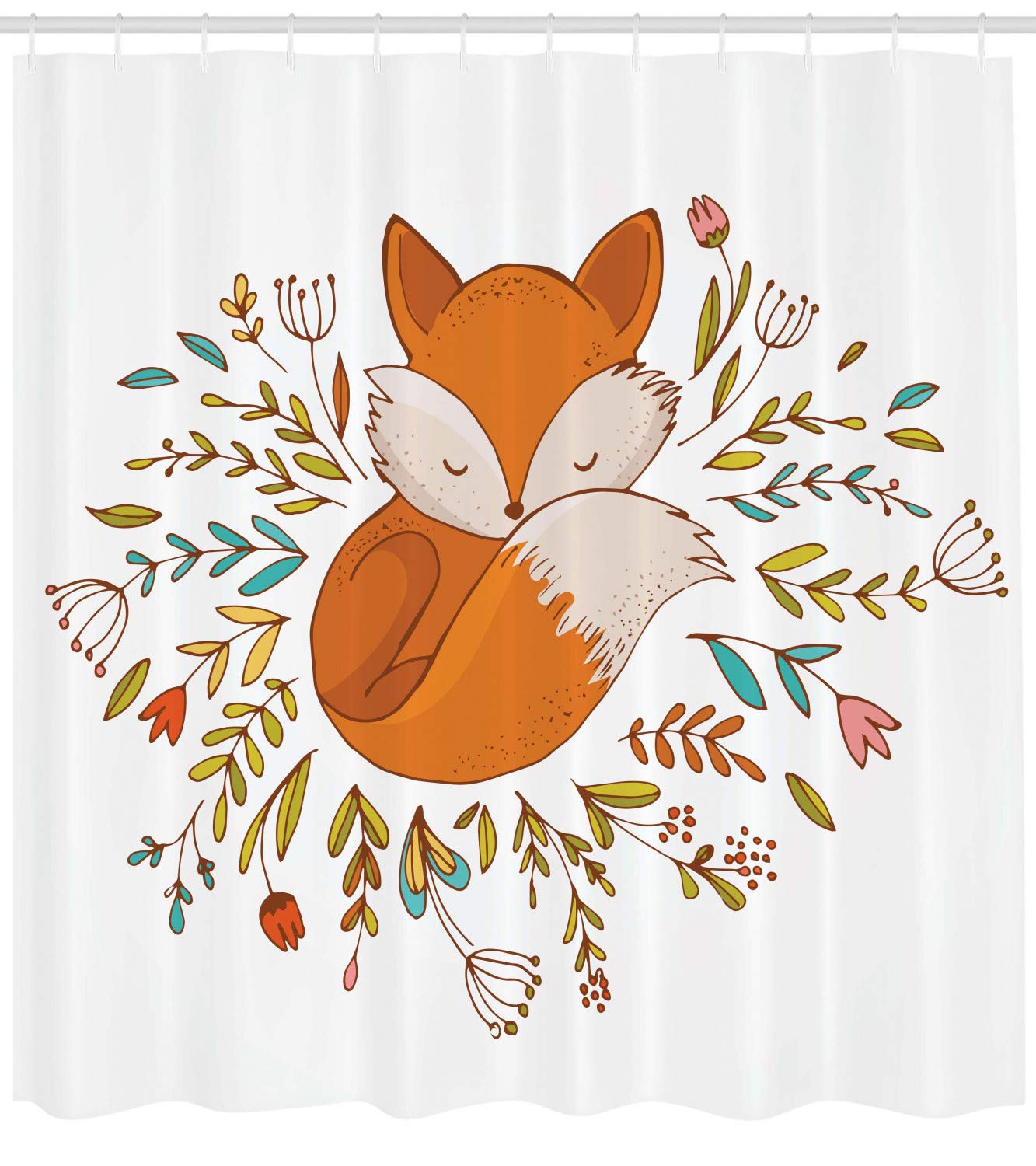 Cartoon Shower Curtain, Fox Sleeping in a Floral Made Bed Circle Art Print, Cloth Fabric Bathroom Decor Set with Hooks, 69" W x 84" L, Dark Orange White