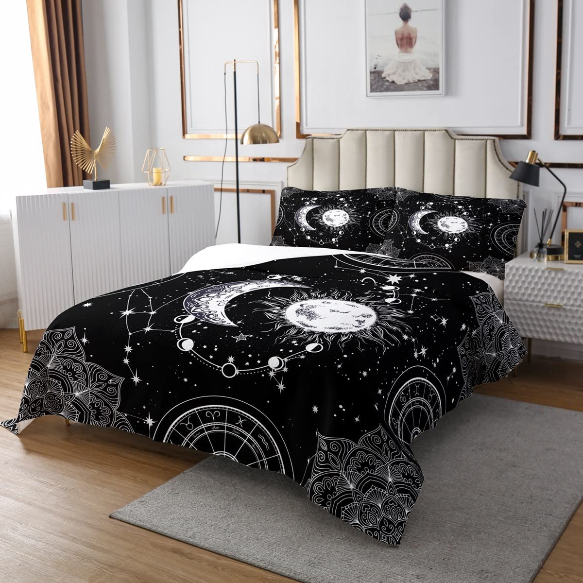 axy Bedspread Constellation Quilted Coverlet for Kids Boys Girls Teens Gothic Style Boho Mandala Coverlet Set Breathable Sun and Moon Quilted Black White Room Decor Queen Size