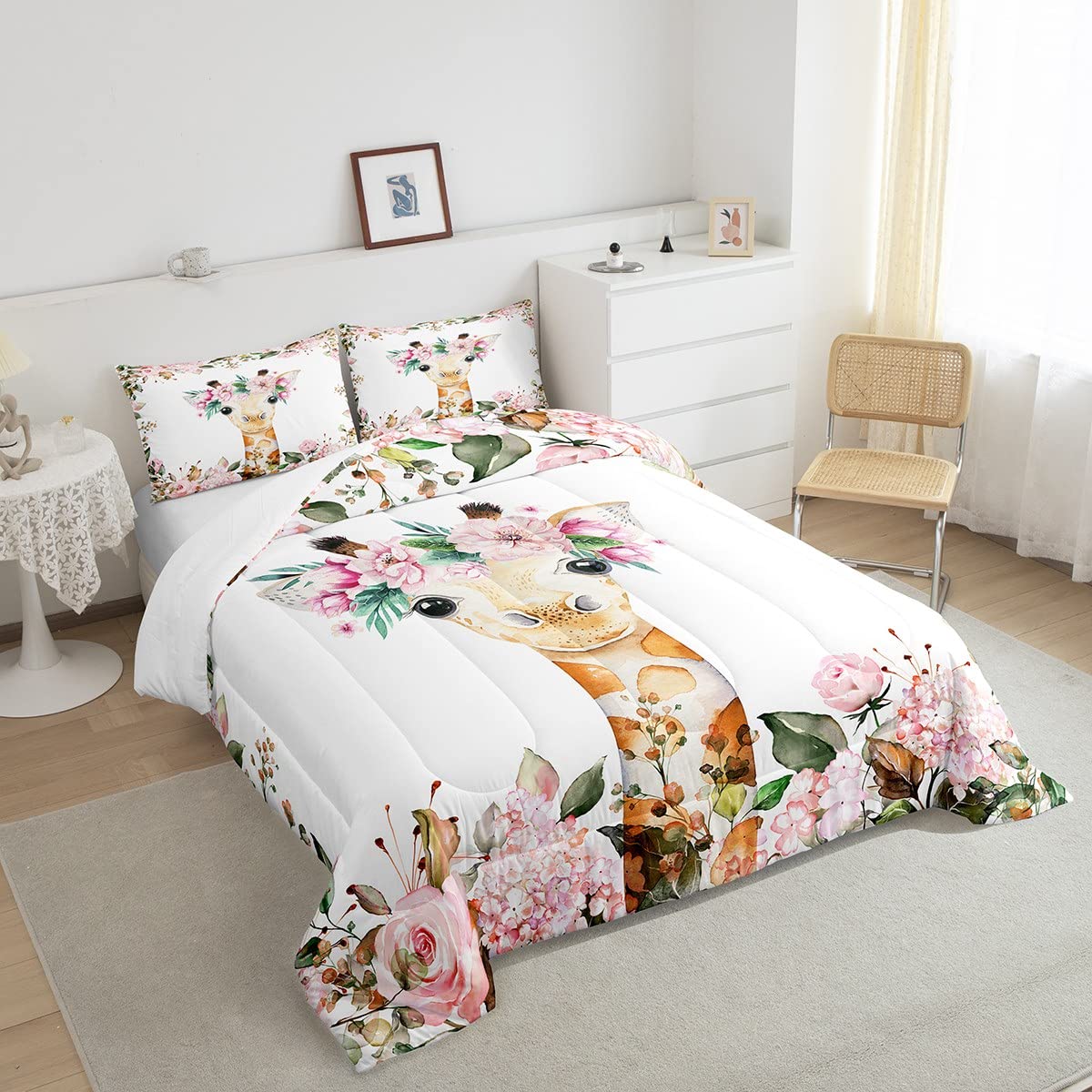 Cute Giraffe Bedding Set Pink Rose Comforter Set Twin Size Girls Kids,Cartoon Animal Quilt Duvet Floral Flower Down Comforter,Wildlife Giraffe Duvet Sets Botanical Room Decor,2Pcs