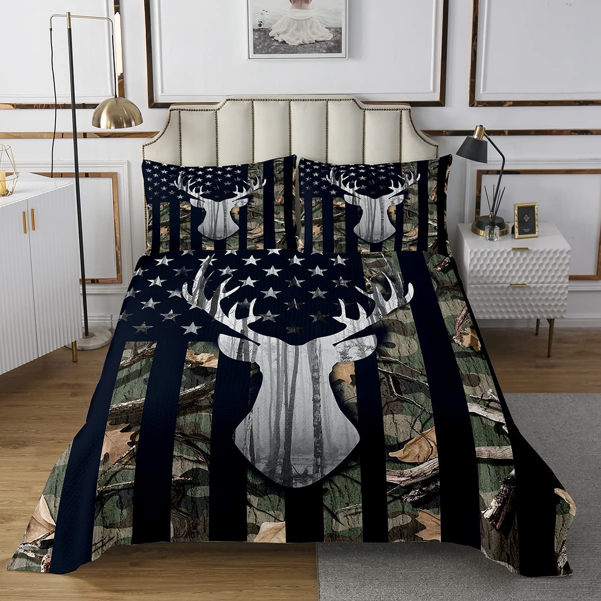 Camouflage USA Flag Coverlet Set Twin Size,Green Camo Grey Deer Antlers and Trees Quilted Coverlet for Kids Children Room, Flag Modern Bedspread 2 Piece Quilt Set with 1 Pillow Sham