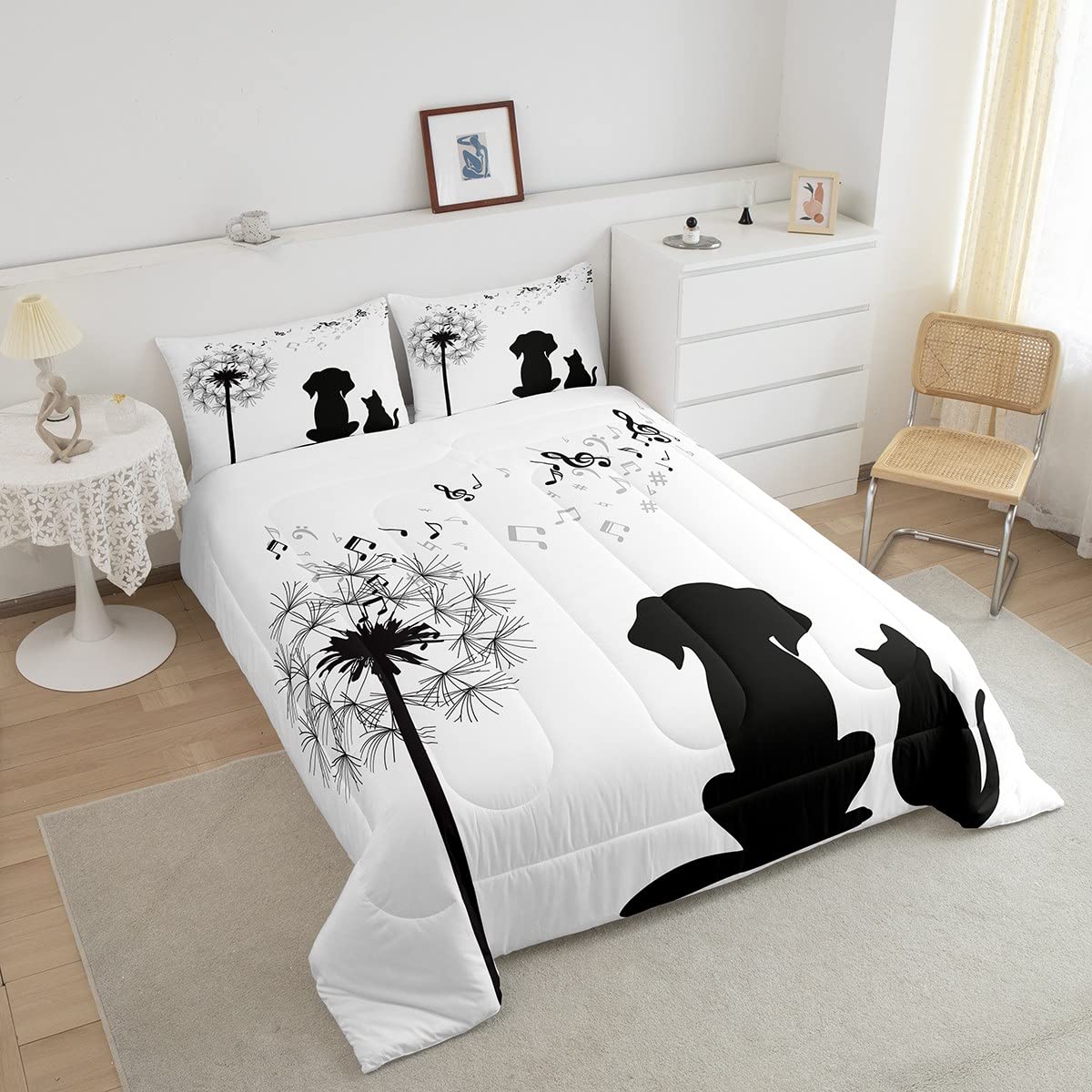 Dandelion Bedding Set,Cute Cat Dog Silhouette Comforter Set for Kids Boys Girls Child Bedroom,Music Note Duvet Insert,2 Pieces Decorative Kitten Puppy Quilted Comforter Twin