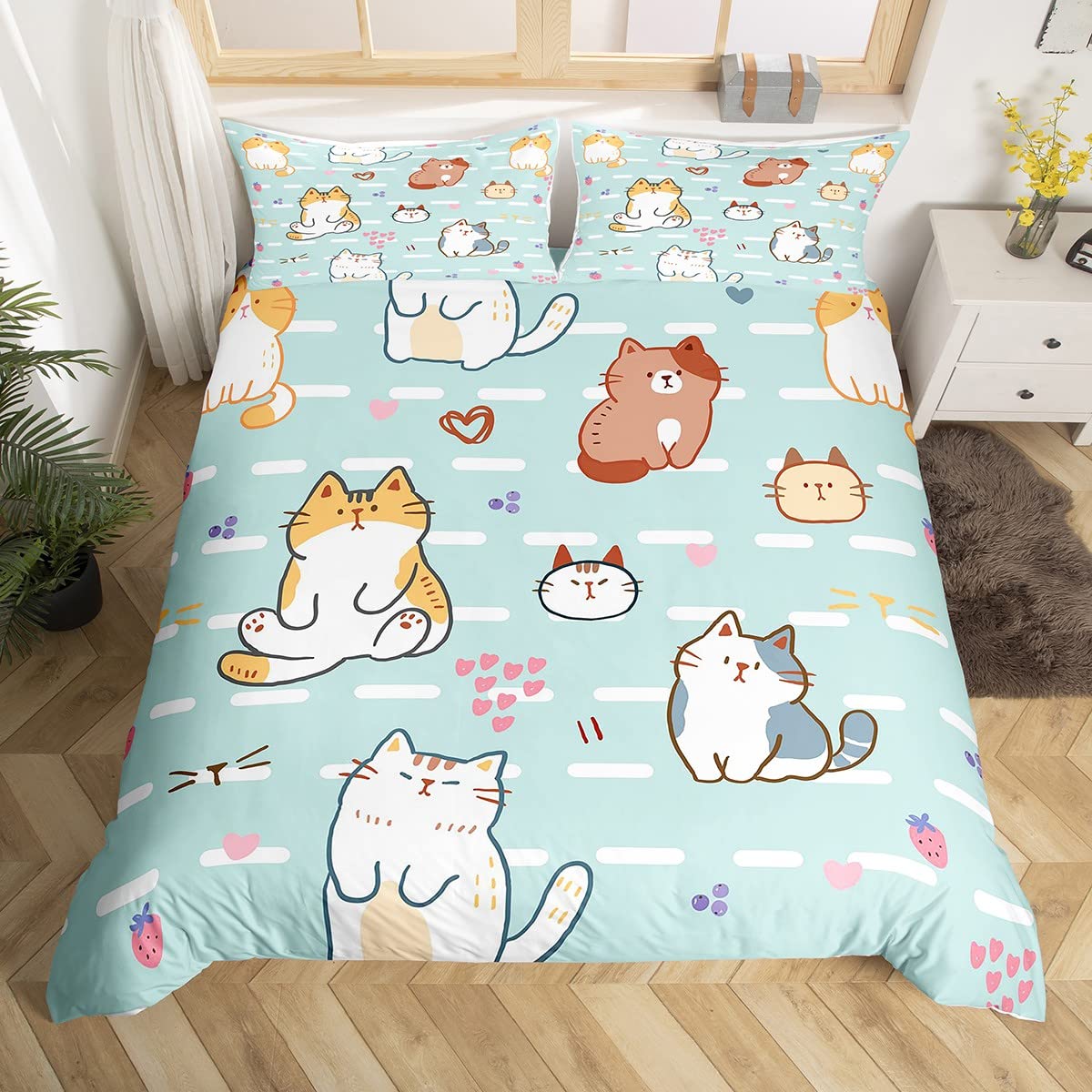 Cartoon Cat Bedding,Cute Kitten Print Duvet Cover for Kids Boys Girls Toddler Cat Lover,Pink Love Heart Str berry Comforter Cover for Bedroom,Twin Size K aii Pet Theme Quilt Cover with 1 Pillowcase