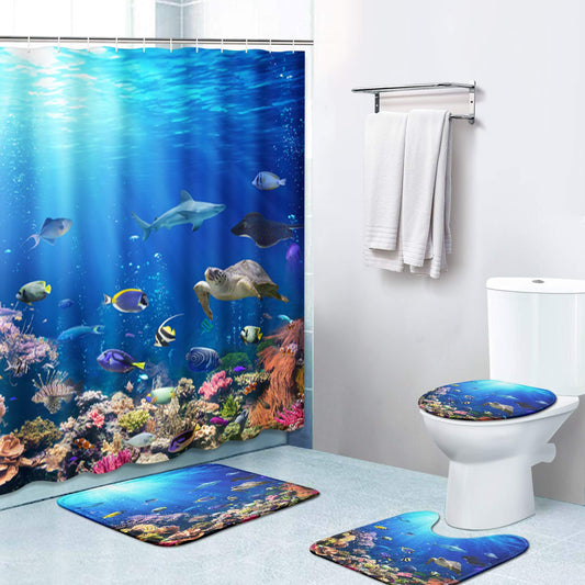 4 Piece Shower Curtain Sets, with 12 Hooks, Nature Ocean Sea Turtle and Fish with Non- Rugs, Tet Lid Cover and Bath Mat, Durable and Waterproof, for Bathroom Decor Set, 72" x 72"