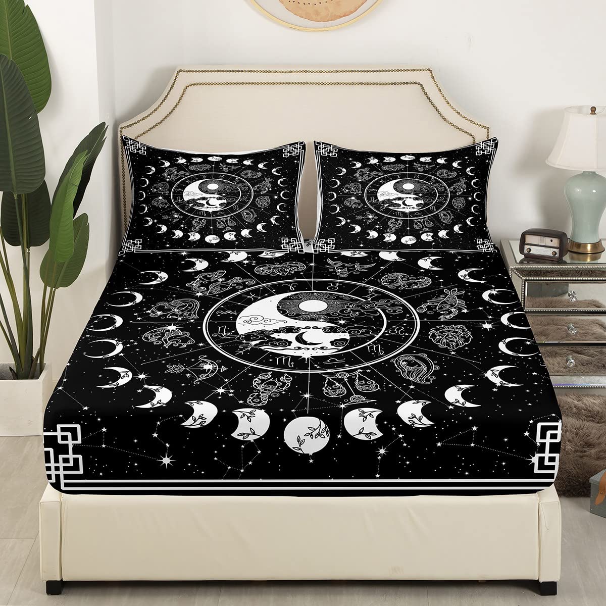 Sun and Moon Bed Sheets Queen, Constellations Zodiac Fitted Sheet Moon Phase Bedding Set Yin and Yang Bed Cover Starry Night Astrology Stars Bed Sheets,Black White Decor Microfiber