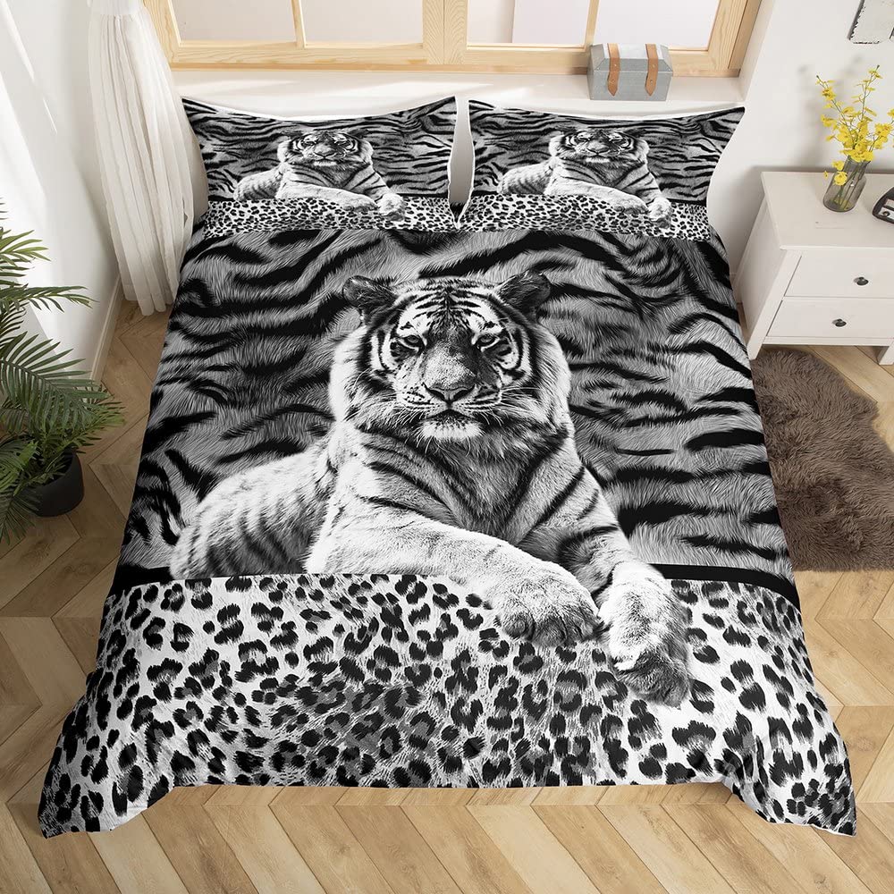 Tiger Print Duvet Cover Twin,Wild Animals Theme Bedding Set For Kids Boys Teens Room,Leopard Print Tiger Animal Fur Pattern Soft Comforter Cover,2Pcs Black White Quilt Cover With 1 Pillow Sham