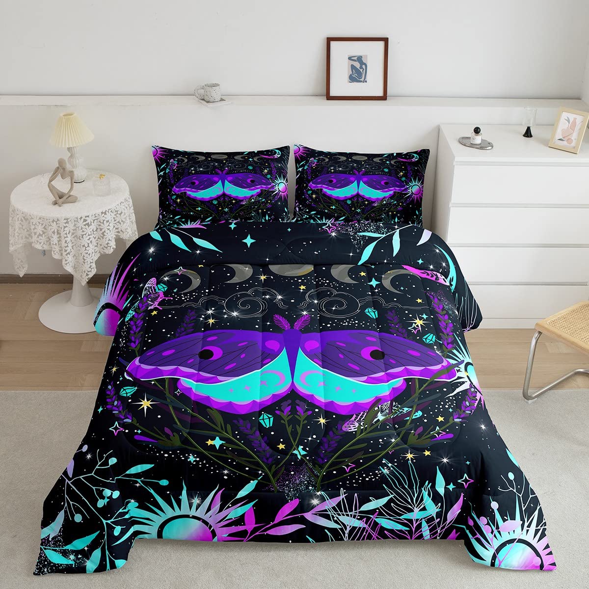Purple Blue Moth Bedding Set for Boys Girls Teens,Sun and Moon Comforter Set Bohemian Exotic Style Decor Giltter axy Quilt Comforter Gradient Butterfly Botanical Flower Quilt Duvet,Twin