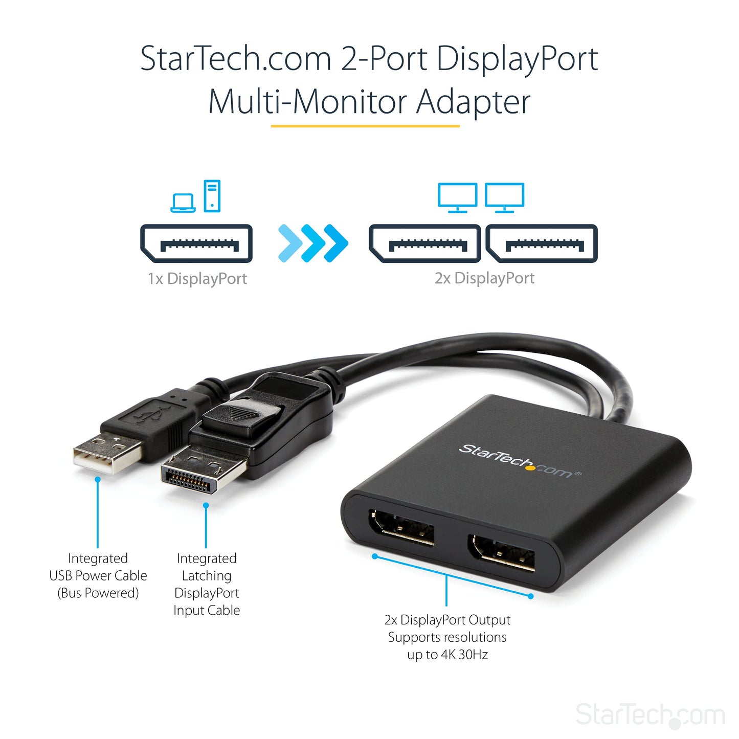 .com 2-Port Multi Monitor Adapter - DisplayPort 1.2 MST Hub - Dual 4K 30Hz or 1080p - USB Bus Powered - Video Splitter for Extended Desktop Mode on Windows PCs Only - DP to 2x DP (MSTDP122DP)