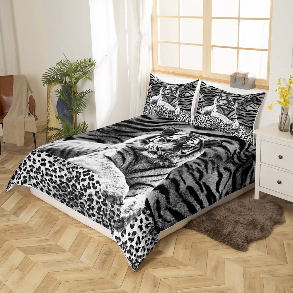 Tiger Print Duvet Cover Twin,Wild Animals Theme Bedding Set For Kids Boys Teens Room,Leopard Print Tiger Animal Fur Pattern Soft Comforter Cover,2Pcs Black White Quilt Cover With 1 Pillow Sham