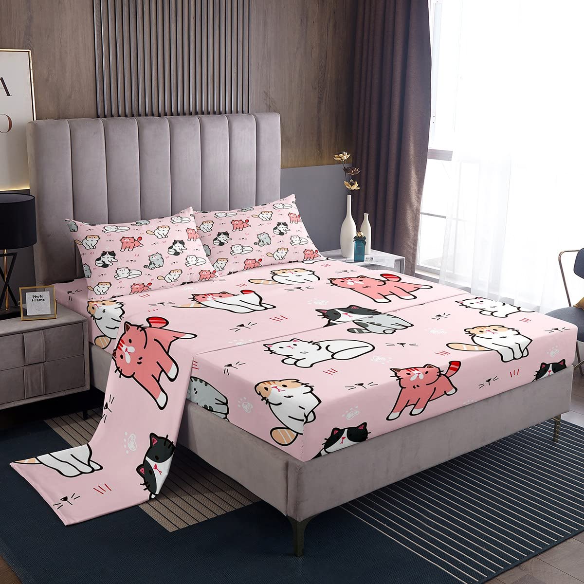 Kids Cute Cat Sheet Set,Cartoon Pet Cats Toddler Bedding Set for Child Boys Girls,K aii Kitten P Print Bed Sheets,Cat Lover's Animal Themed Design Quilt Set Bedroom 4Pcs Full