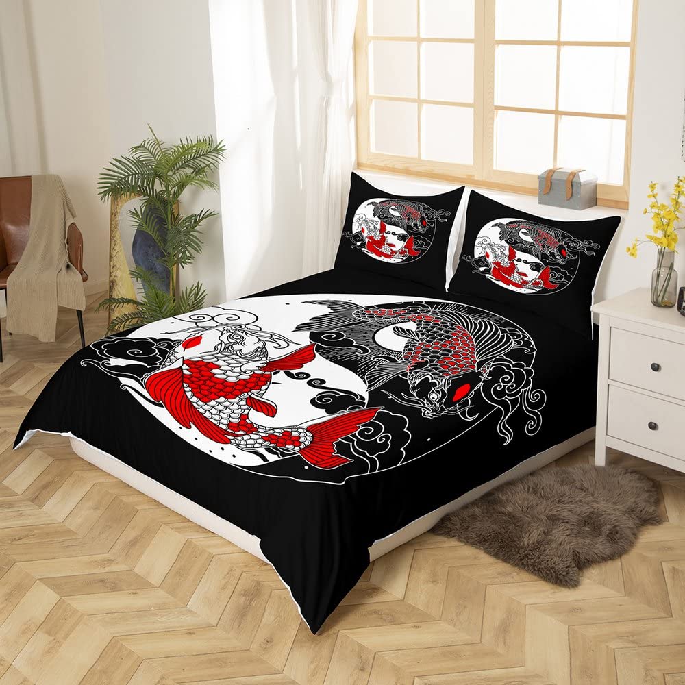 Yin Yang Bedding Sets Queen, Style Duvet Cover for Kids Boys Girls Gossip Koi Couple Fish Decor Comforter Cover,Chinese Taiji Quilt Cover Black White Red Home Room Decor 3Pcs