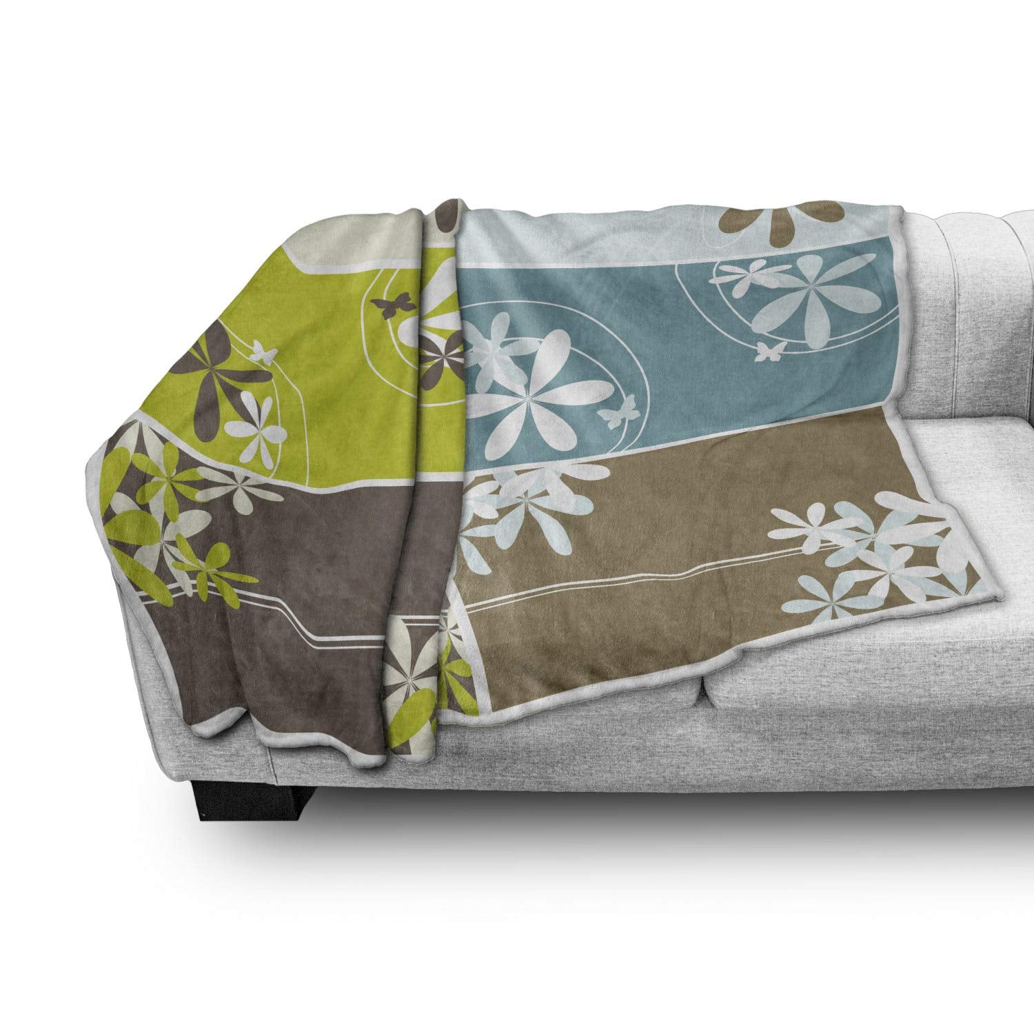 Floral Soft Flannel Fleece Throw Blanket, Abstract Spring Inspired Set with Blossoms and Rectangles Geometric Retro Style, Cozy Plush for Indoor and Outdoor Use, 50" x 60", Pale Blue