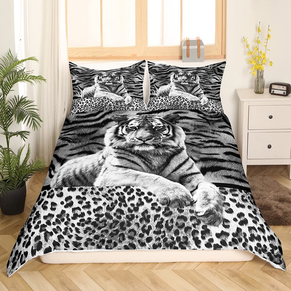 Tiger Print Duvet Cover Twin,Wild Animals Theme Bedding Set For Kids Boys Teens Room,Leopard Print Tiger Animal Fur Pattern Soft Comforter Cover,2Pcs Black White Quilt Cover With 1 Pillow Sham